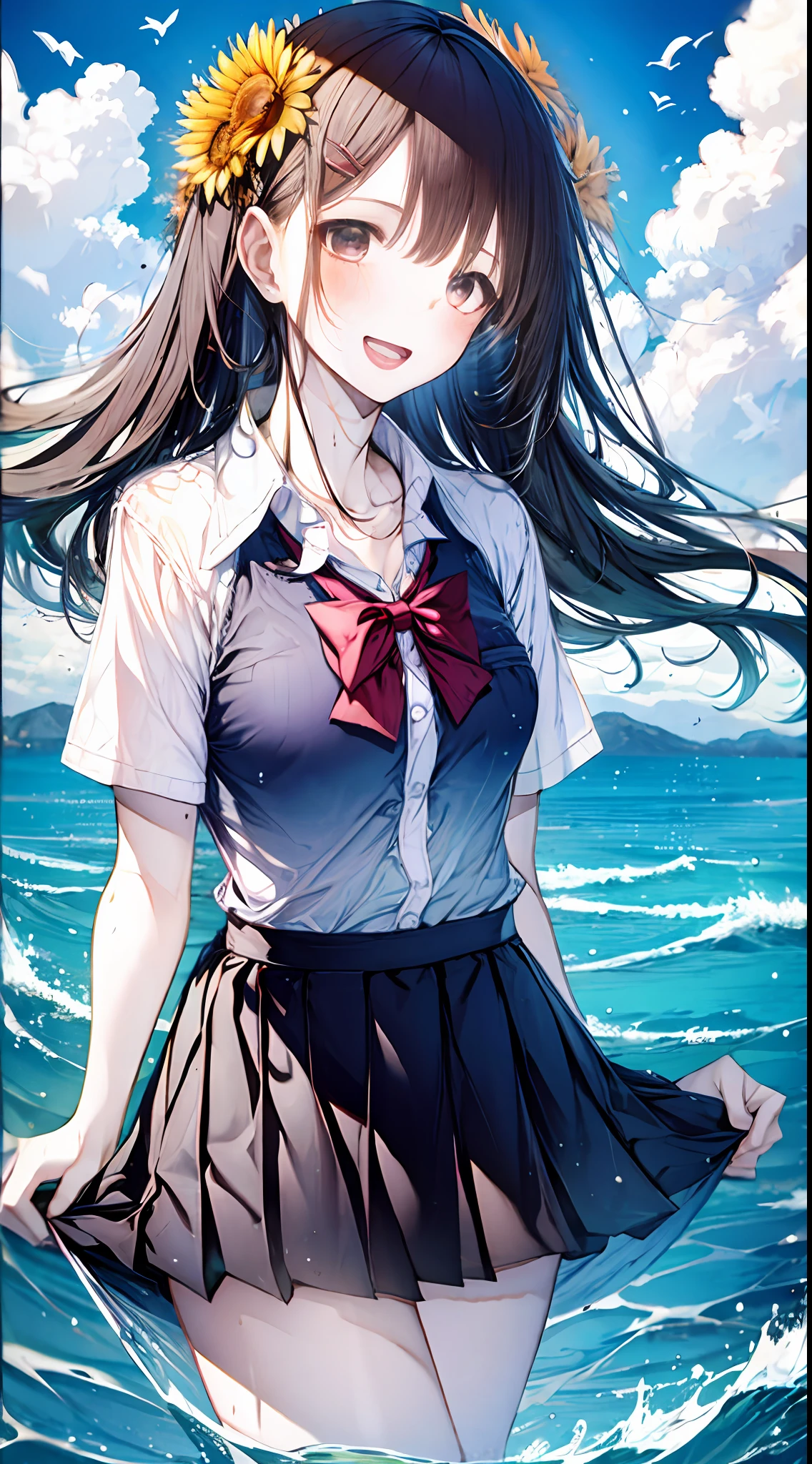 1girl, :d, air_bubble, arm_up, bangs, bare_legs, barefoot, beach, blue_skirt, blue_sky, blush, boat, bow, bowtie, breast_pocket, breasts, brown_eyes, brown_hair, bubble, caustics, cloud, cloudy_sky, collarbone, collared_shirt, day, dress_shirt, earth_\(planet\), eyebrows_visible_through_hair, floating_hair, flower, hair_flower, hair_ornament, hairclip, holding, holding_flower, horizon, island, lake, leg_up, long_hair, looking_at_viewer, medium_breasts, mountain, mountainous_horizon, ocean, open_mouth, orange_flower, outdoors, pink_flower, pleated_skirt, pool, poolside, red_bow, red_bowtie, red_flower, river, sand, school_uniform, shallow_water, shirt, shore, short_sleeves, signature, skirt, skirt_hold, sky, smile, solo, splashing, standing, standing_on_one_leg, striped, striped_bow, striped_bowtie, sunflower, sunflower_hair_ornament, sunlight, swimsuit, teeth, upper_teeth, wading, walking_on_liquid, water, water_drop, watercraft, waves, wet, white_flower, white_shirt, yellow_flower