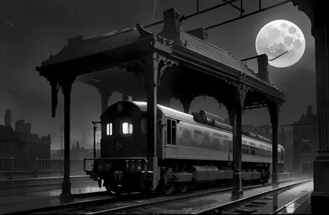masterpiece, best quality, an empty train station, glass roof, heavy duty military train with (armor and gun turrets:1.2), no humans, Victorian architecture, intricate background, night time, dimly lit by the full moon, (thunderstorm:1.15) in background, m...