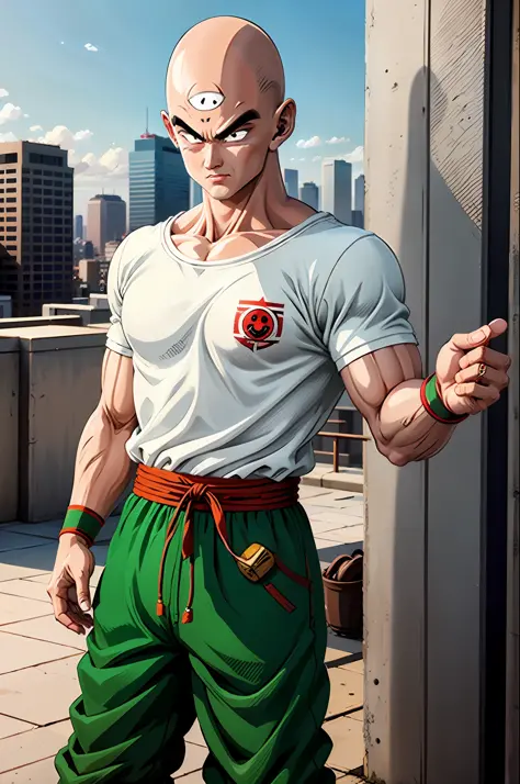 masterpiece, best quality,  solo,anime coloring, a cowboy shot of a tien with ((third eye:1.2)) and black eyes, white t-shirt,re...