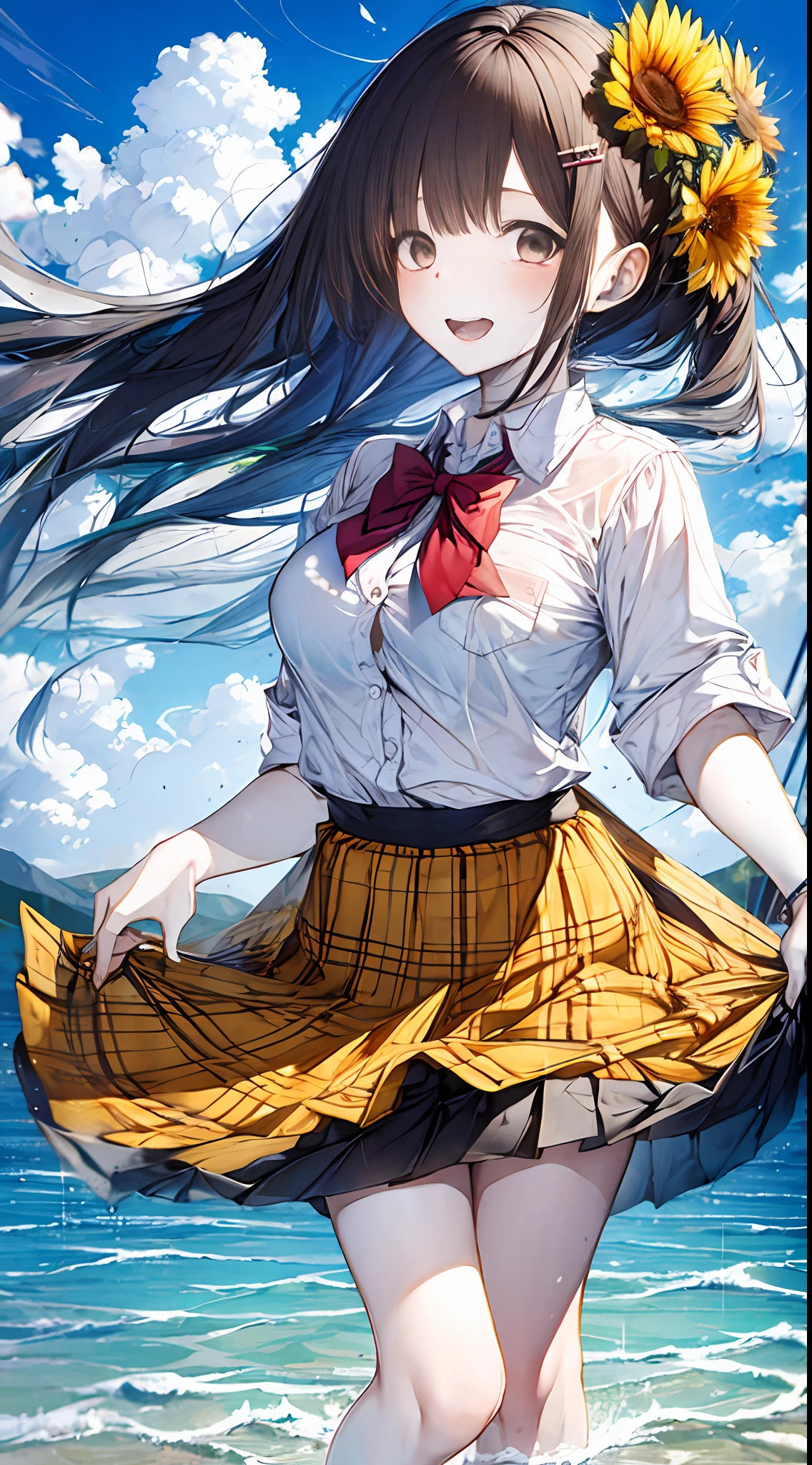 1girl, :d, air_bubble, arm_up, bangs, bare_legs, barefoot, beach, blue_skirt, blue_sky, blush, boat, bow, bowtie, breast_pocket, breasts, brown_eyes, brown_hair, bubble, caustics, cloud, cloudy_sky, collarbone, collared_shirt, day, dress_shirt, earth_\(planet\), eyebrows_visible_through_hair, floating_hair, flower, hair_flower, hair_ornament, hairclip, holding, holding_flower, horizon, island, lake, leg_up, long_hair, looking_at_viewer, medium_breasts, mountain, mountainous_horizon, ocean, open_mouth, orange_flower, outdoors, pink_flower, pleated_skirt, pool, poolside, red_bow, red_bowtie, red_flower, river, sand, school_uniform, shallow_water, shirt, shore, short_sleeves, signature, skirt, skirt_hold, sky, smile, solo, splashing, standing, standing_on_one_leg, striped, striped_bow, striped_bowtie, sunflower, sunflower_hair_ornament, sunlight, swimsuit, teeth, upper_teeth, wading, walking_on_liquid, water, water_drop, watercraft, waves, wet, white_flower, white_shirt, yellow_flower