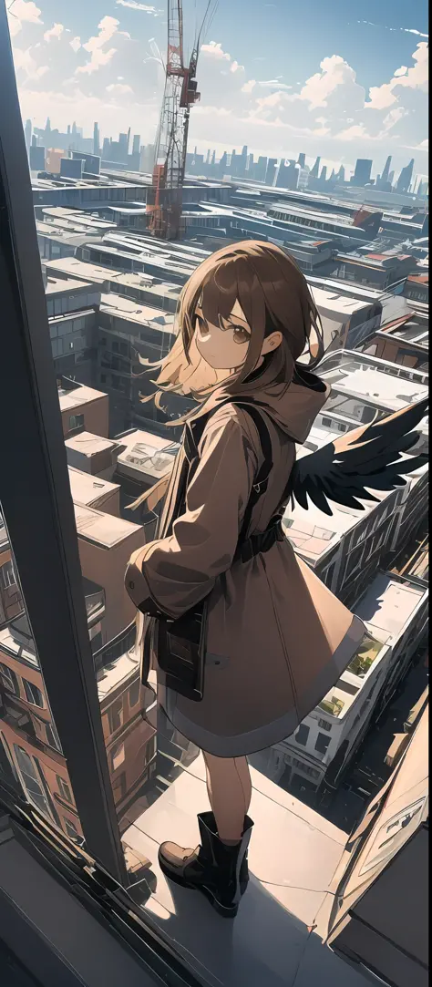 (masterpiece, best quality),from above , 1girl, solo, (feathered wings:1.2), billboard, brown eyes, brown hair, building, city, ...