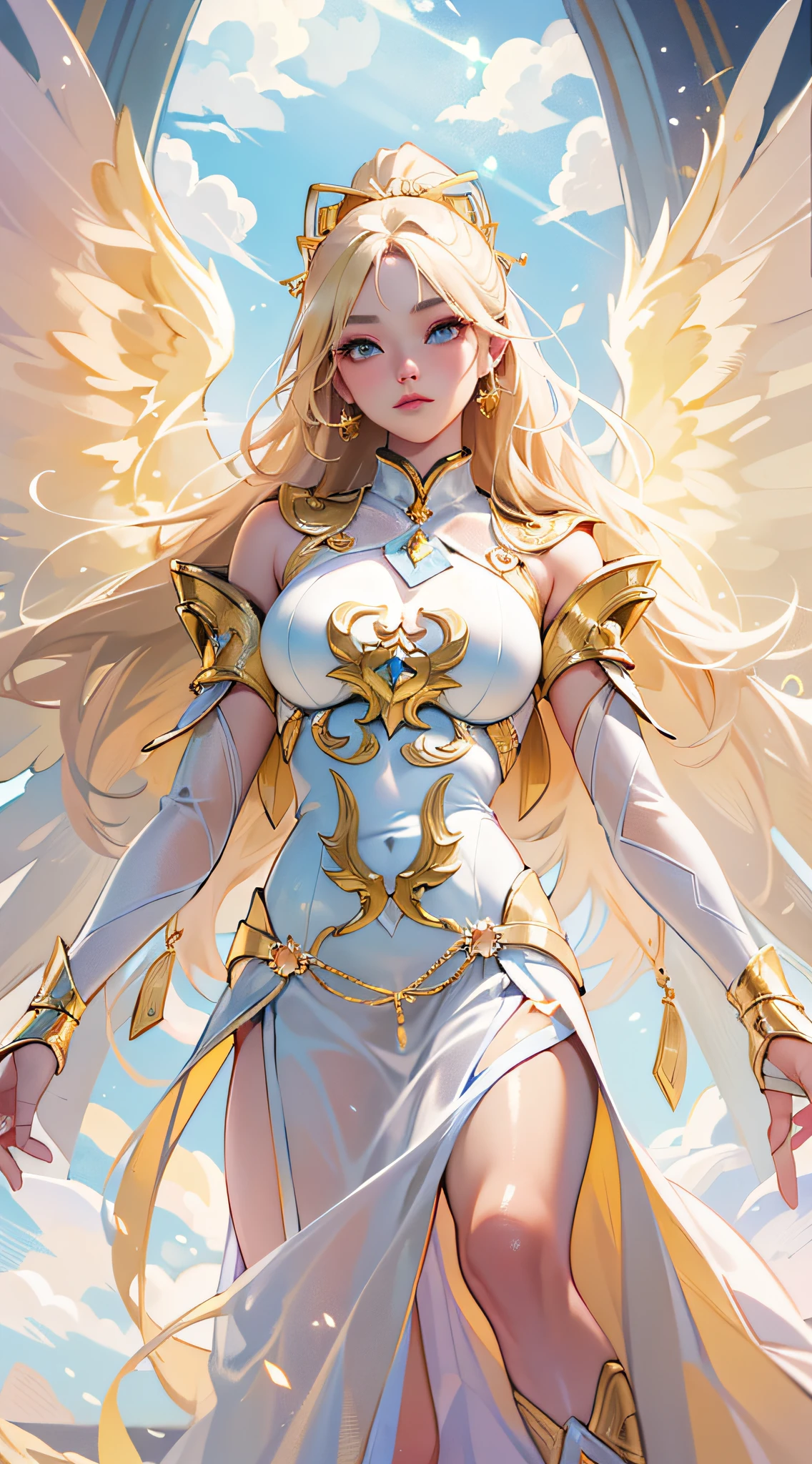 ((Masterpiece)), best quality, absurderes, ultra detailed, super beautiful asian girl with beautiful eyes, beautiful glowing blonde hair, high ponytail, nice and sexy body, coming down from heaven wearing a beautiful fighting angel outfit, with most beautiful wings coming from her back, full of light and luminescence, very immersive, unique and beautiful, top angel