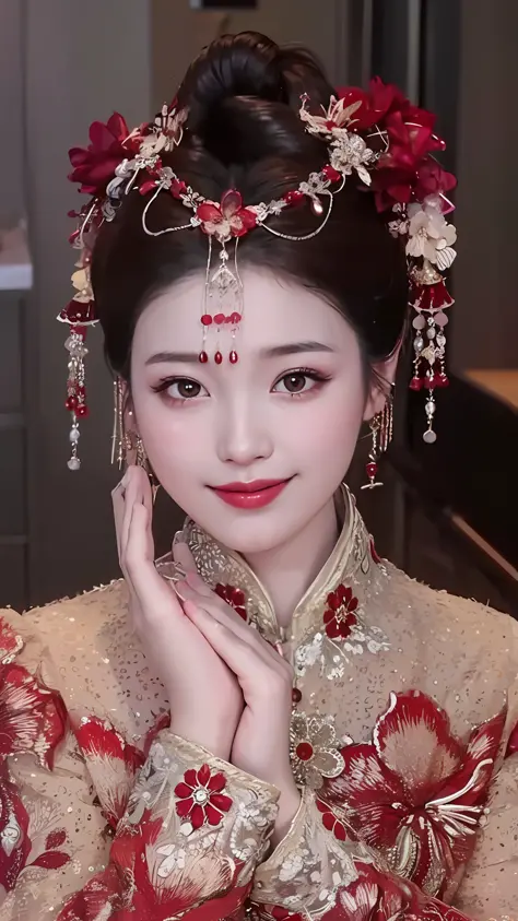 a close up of a woman wearing a red and gold dress, Chinese style, Chinese traditional, Traditional beauty, China Princess, trad...