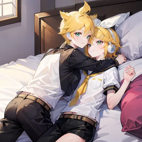 best quality, ultra precision, only two person, one boy and one girl, (a boy is Kagamine_Len), (a girl is Kagamine_Rin), green e...