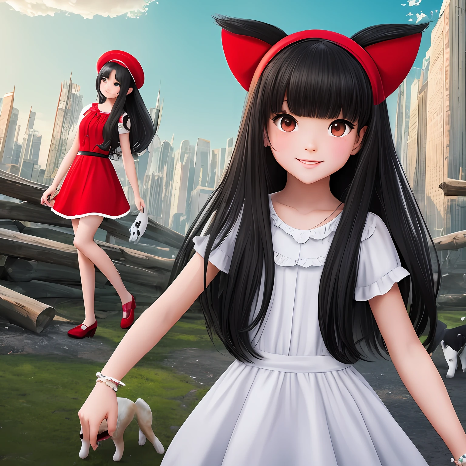 black hair, hair bobbles, wince, longeyelashes, solid circle eyes, fake animal ears, light smile, ear blush, fang, Surrealism, drop shadow, anaglyph, stereogram, tachi-e, pov, atmospheric perspective, 8k, super detail, ccurate, best quality, masterpiece, Futuristic cityscape, tall building, rich girl named Little Red lives there, daughter of wealthy businessman, has luxurious life, loves exploring nature, wears red dress and hat, goes to forest to play daily, accompanied by white robot dog --auto