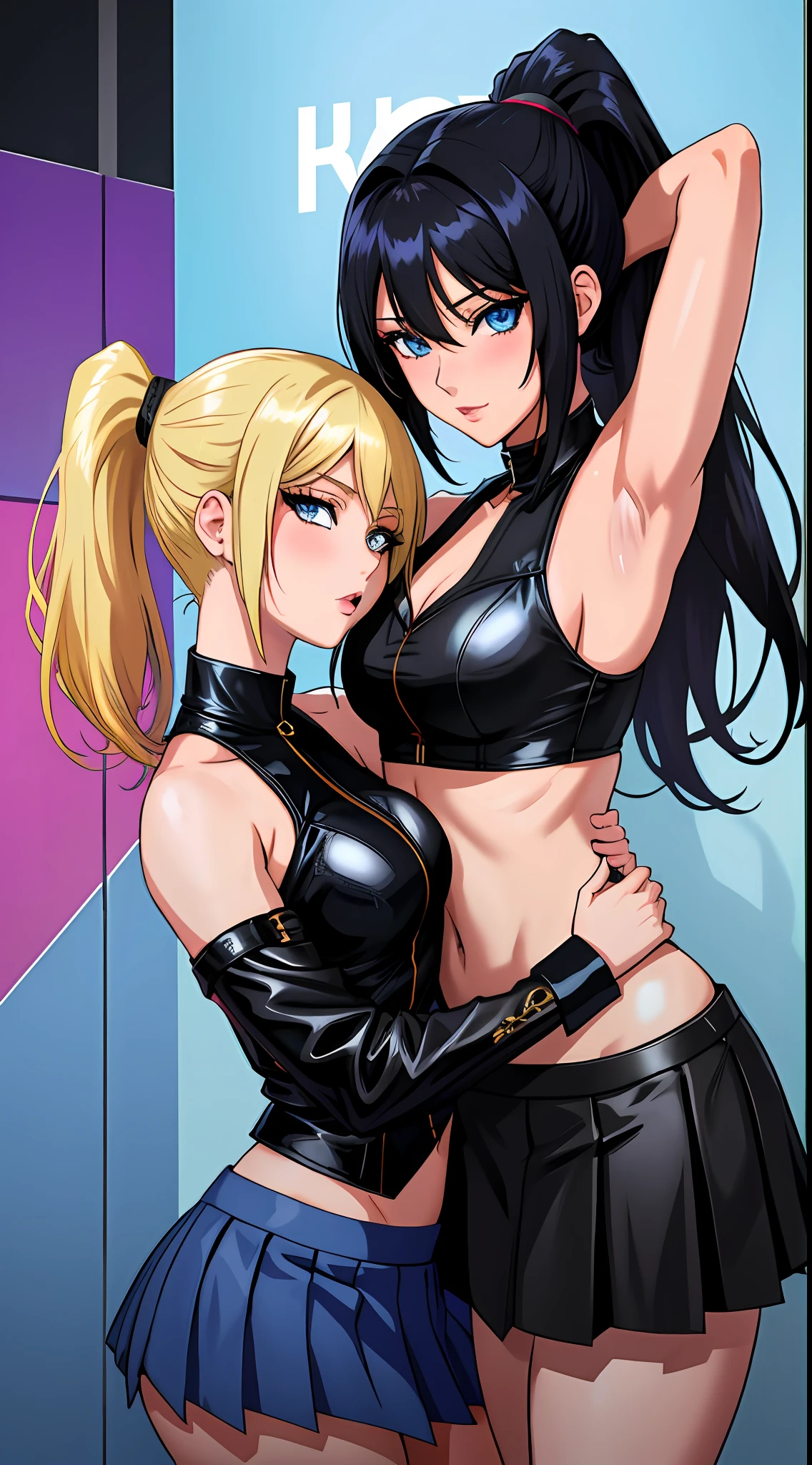 Two women in black leather outfits hugging each other - SeaArt AI