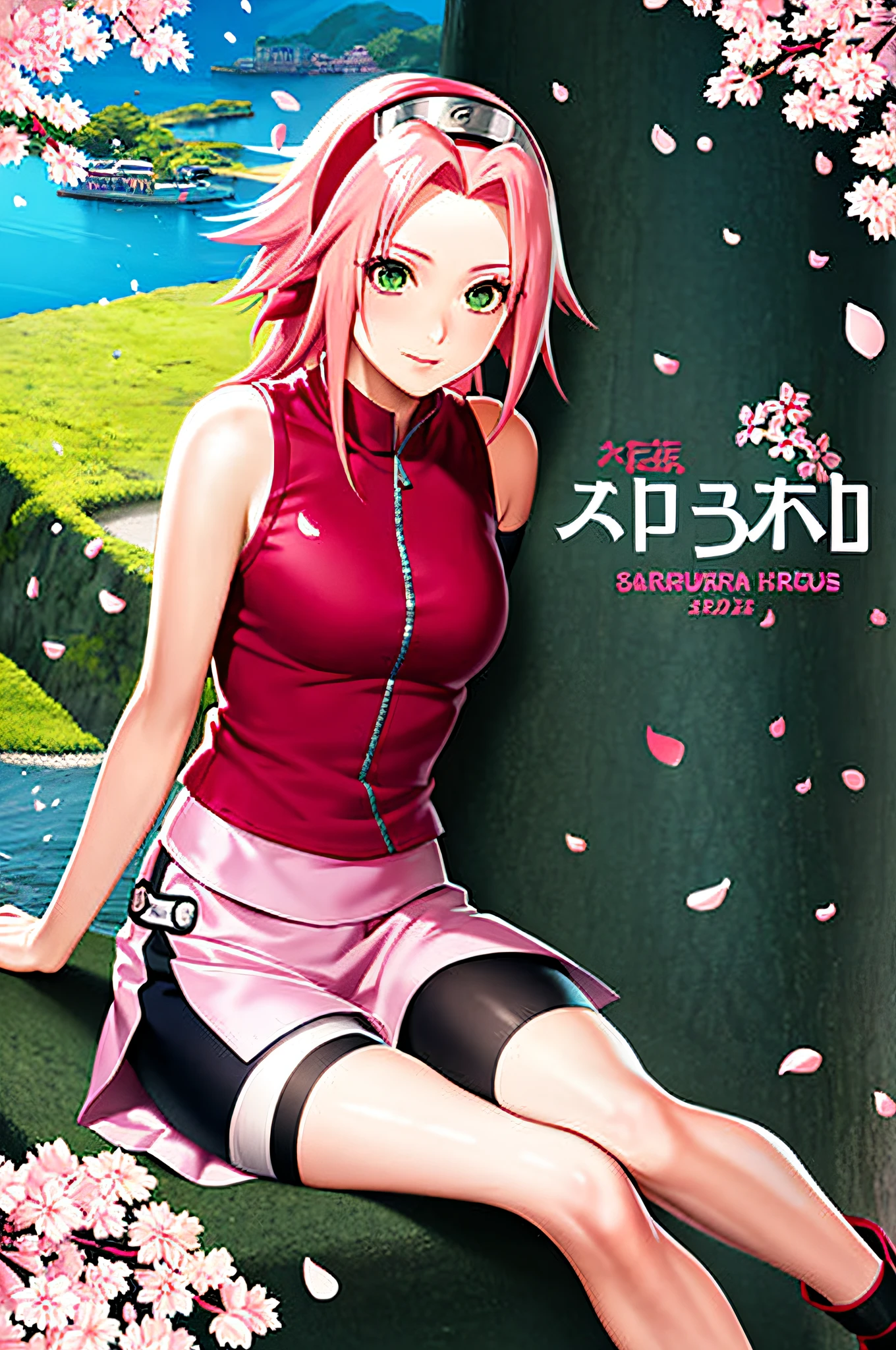 (Cover-style: 1.3)，sakura haruno, naruto shippuuden, Cherry blossoms, Detailed background，1girl, pink hair, green eyes, short hair, long hair, forehead protector, short sleeves, bike shorts, konohagakure symbol