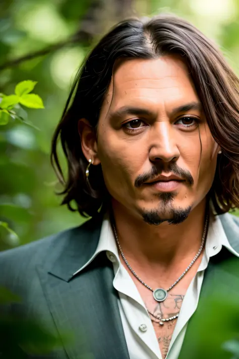 masterpiece, johnny depp walking through jungle at night among fireflies, (high detail:1 1), rough face, natural skin, high quality, nsfw, beautiful eyes, (detailed face and eyes), (face: 1 2), noise, extra, real photo, PSD, lamp film photography, sharp fo...