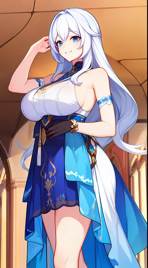Tall girl, Long white hair, Blue, Rich sleeveless dress, open breasts, ssmile, Masterpiece, hiquality