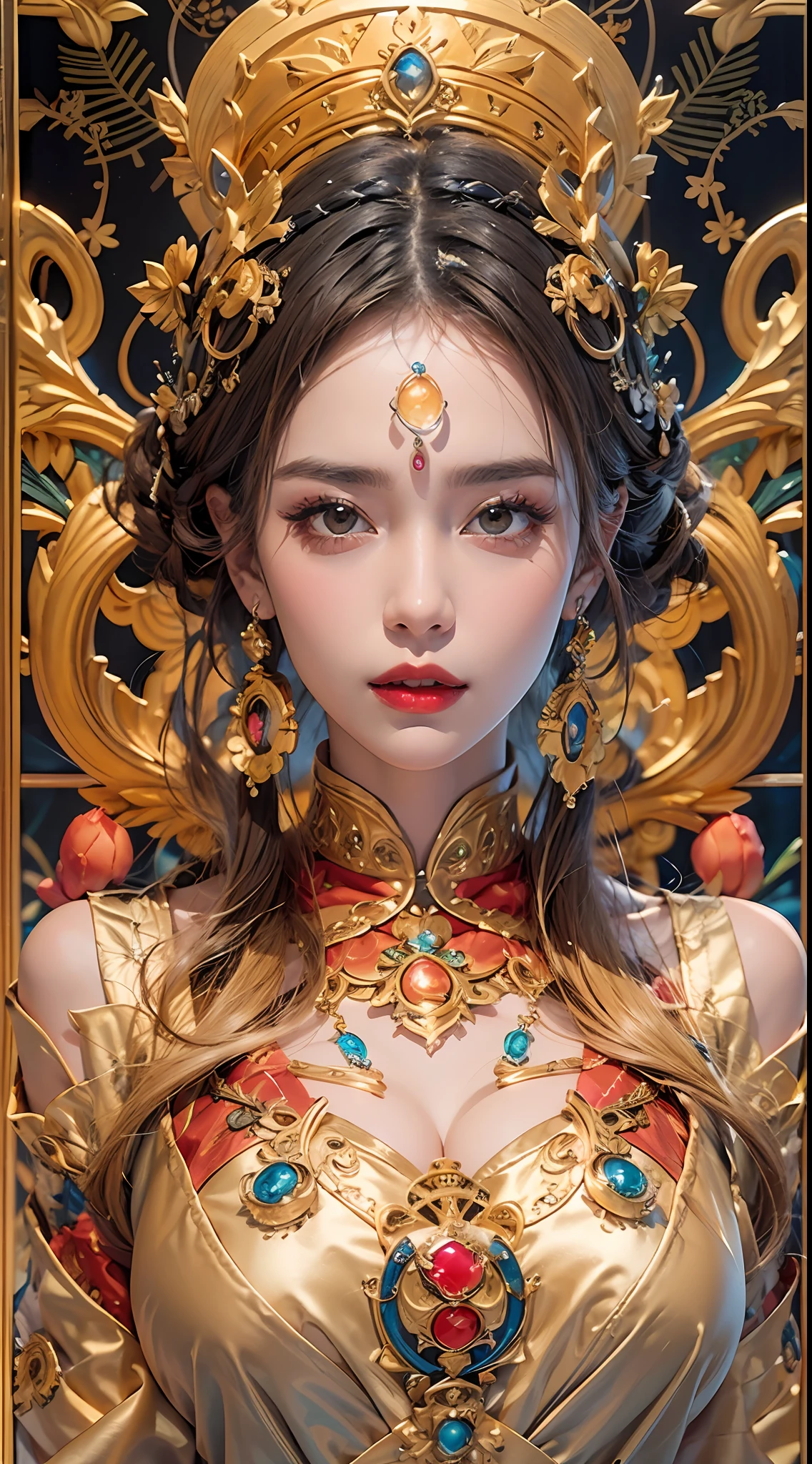 1 déesse du zodiaque du futur, porter l&#39;ao dai de la déesse du zodiaque pour couvrir sa poitrine, la déesse du zodiaque porte un corsage en or jaune vif, la déesse dégage une aura du zodiaque rose violet vif, les étoiles ont la forme des 12 signes du zodiaque, la déesse du zodiaque portant un ao dai du zodiaque doré avec de nombreux détails noirs, la déesse mythique des 12 zodiaques du futur, Signe du zodiaque ♏, style zodiaque, version sombre et mystique, dodu , Les lèvres rouges sont équilibrées et très belles, personnage de Karol Bak et Pino Daeni, Détails complexes, contexte détaillé, de nombreux objets d&#39;arrière-plan, très détaillé, éclairage magique, Une femme, visage clairement dessiné, beau visage et yeux symétriques, grands yeux ronds et maquillage très beau et détaillé, mise au point distante, Vêtements en soie, parure mystique, portrait du haut du corps, bras lâches