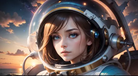 ((one woman looking at camera)), detailed face, mid shot, (chrome golden and blue sci-fi space suit), brown hair, (white clouds), sunset, stars, ships far away in ocean