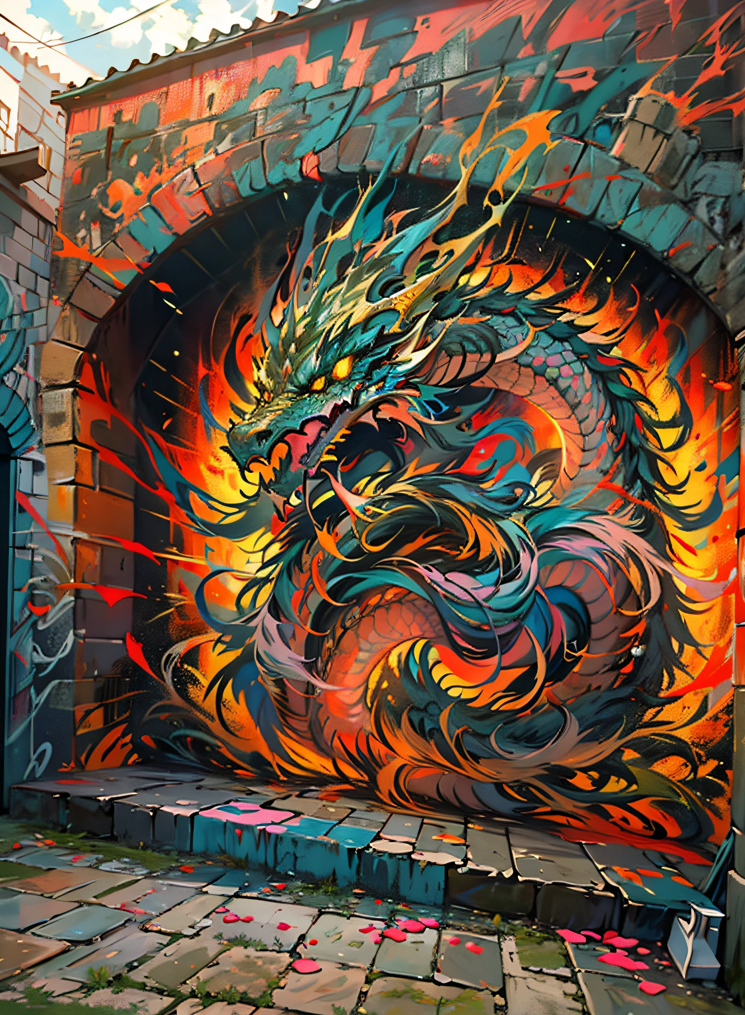 Drop Art , Cena cinematográfica - filmada no escuro,(extremamente detalhado), Dragão Oriental Pintura mural de alta resolução,((muros de um castelo)), grafite colorido,(( Drop Artdinâmico)) and vivid, cores vibrantes, pinceladas expressivas, vibe de arte de rua.32 megapixels