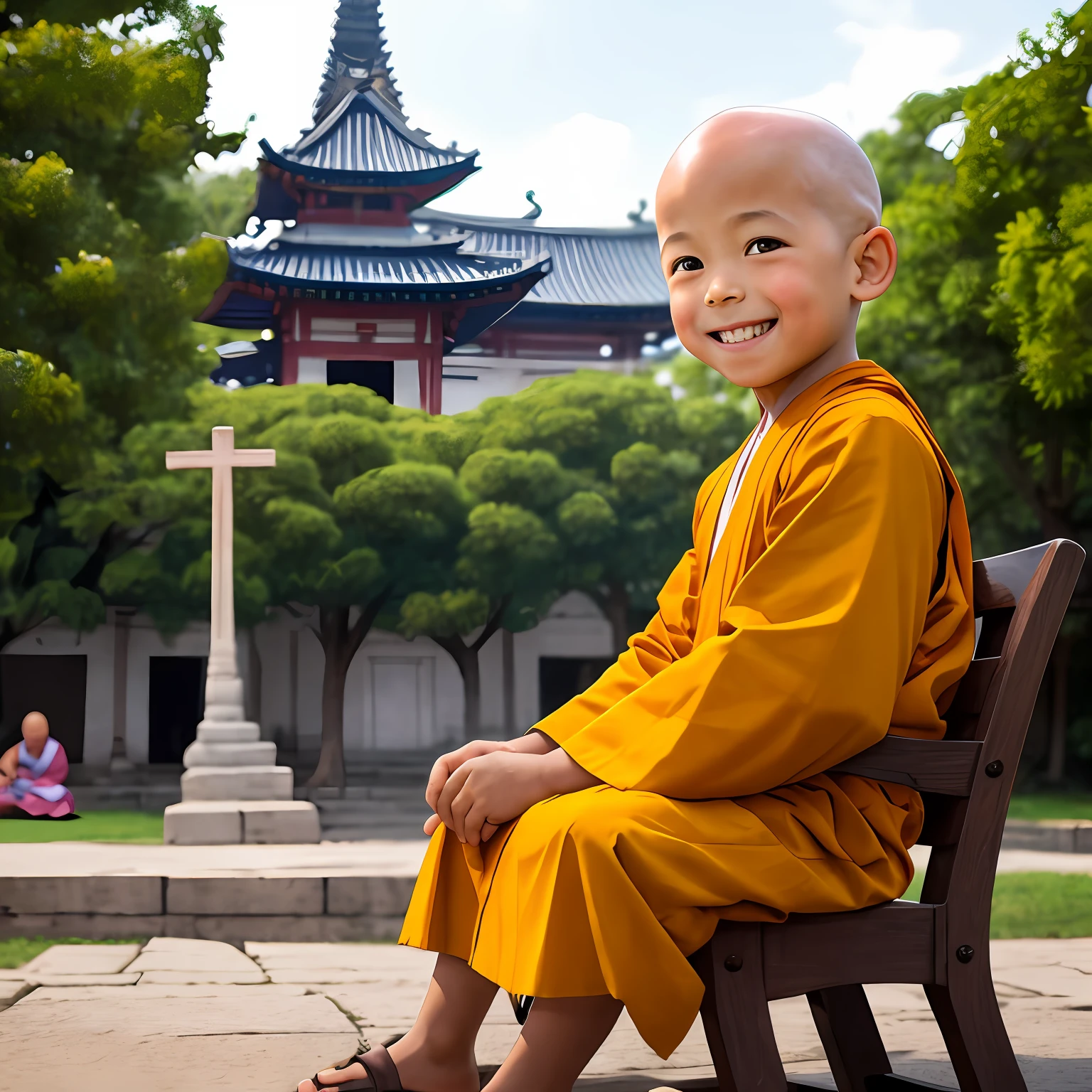 一個可愛的 3 歲男孩對著鏡頭微笑，秃头，穿著和尚服裝，微笑，画面光线柔和，小男孩盤腿而坐，後面以寺廟為背景