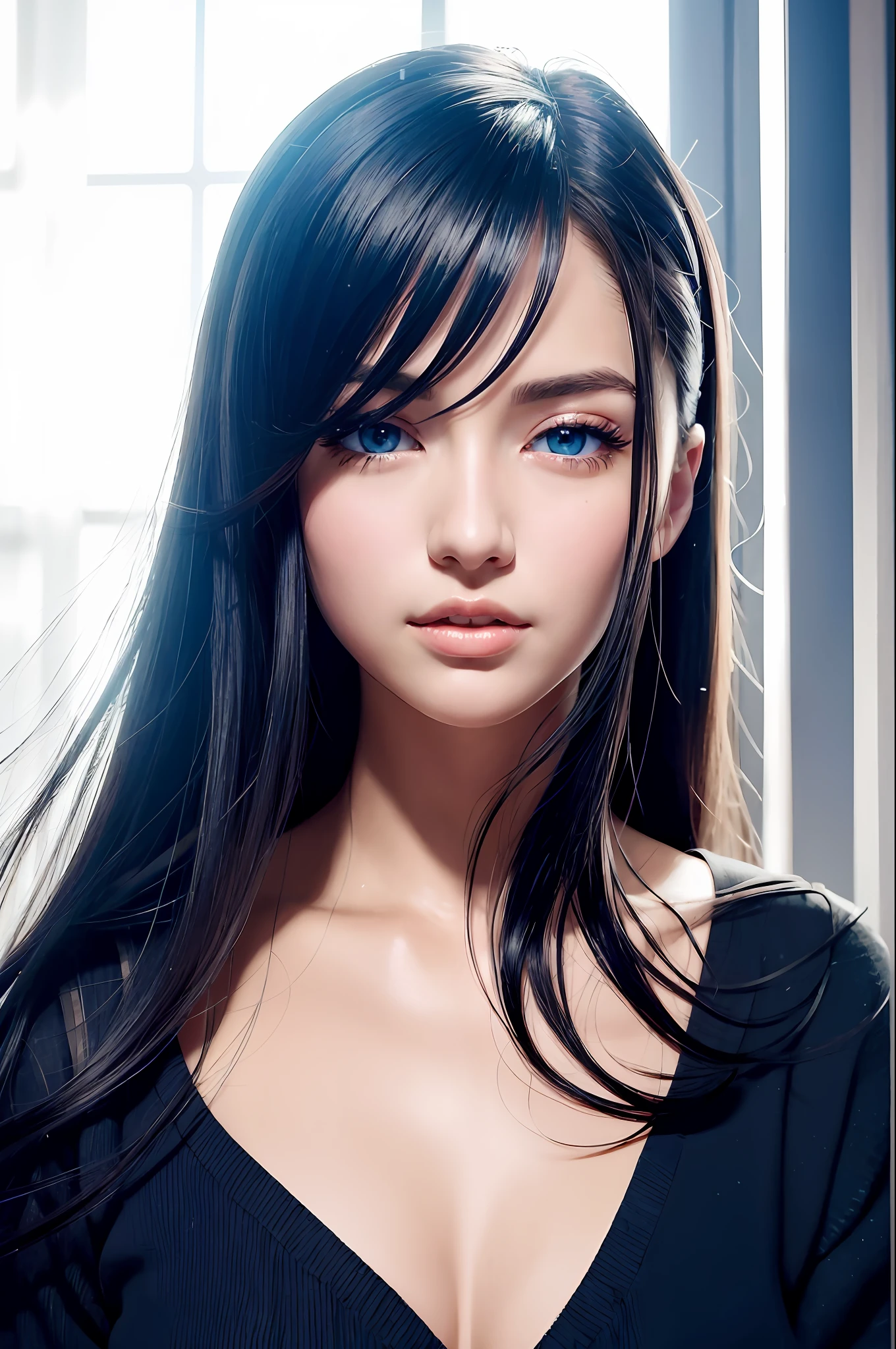 A Close Up Of A Woman With Long Black Hair And Blue Eyes Seaart Ai