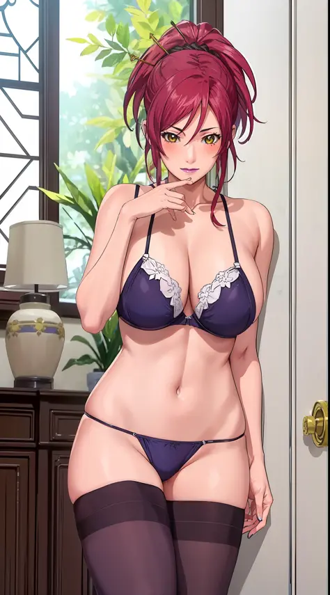 (beautiful hand:1.2), (masterpiece, best quality:1.3), marie mamiya, mature female, (full body shot:1.05), milf, (curvy:0.7), 1girl, anime face, bitch, no clothes, (thighhighs:1.05), makeup, large breasts, red lipstick, purple eyes, folded ponytail, red ha...