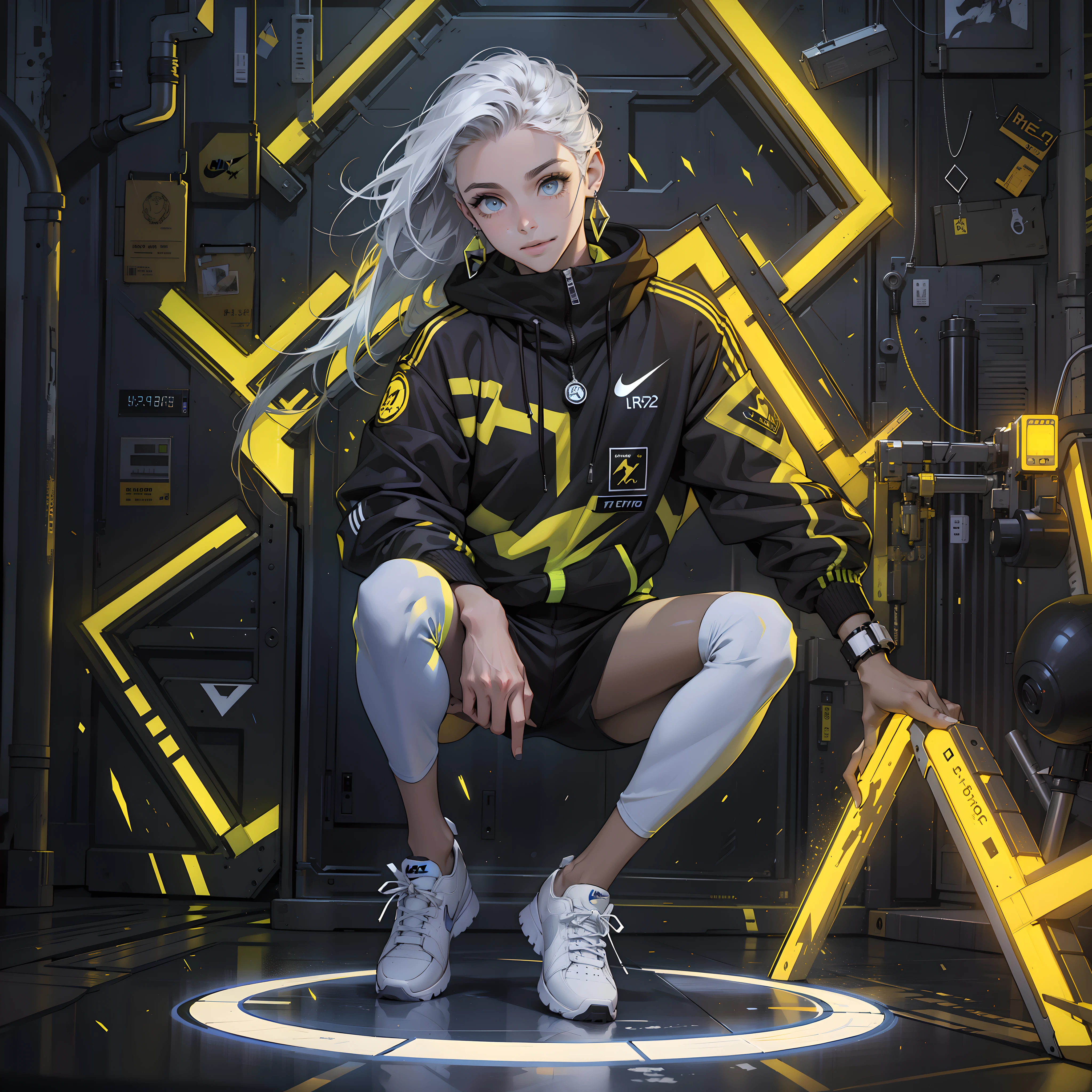 Best quality，tmasterpiece，Ultra-high resolution fills the picture，Indoor at night，the night,Indoor neon lights，Yellow color scheme，Rich egg yellow,Silvery-white hair，Yellow and black tights，Yellow and black color scheme clothing,Sporty skirts，the complex background，Gym interior background,Weight instruments in the background，High-tech screen in the background，Lateral face，Smiling，Dress less，There are fitness elements in the rear，nike，nike,nike,Tech gym，Perfect makeup，Love eyes，8K quality，Cyberpunk，sense of science and technology，Character backlighting，rim-light，Movement changes，Flowing hairstyle，Loose hairstyle,The number of fingers is refined，Full body in camera,9 doppelganger diagram，Luminous stud earrings，Luminous digital necklace，Electronic digital watches，The most beautiful girl in mankind，Delicate close-up of the face，Realistic image quality，Super light and shadow，Very good figure，Meticulous，Arrow symbol，Brand sense，English slogan neon，Runway lights，Fitness gym at night，Very good figure，Raised sexy,luminous,Faraway view,Full body in camera