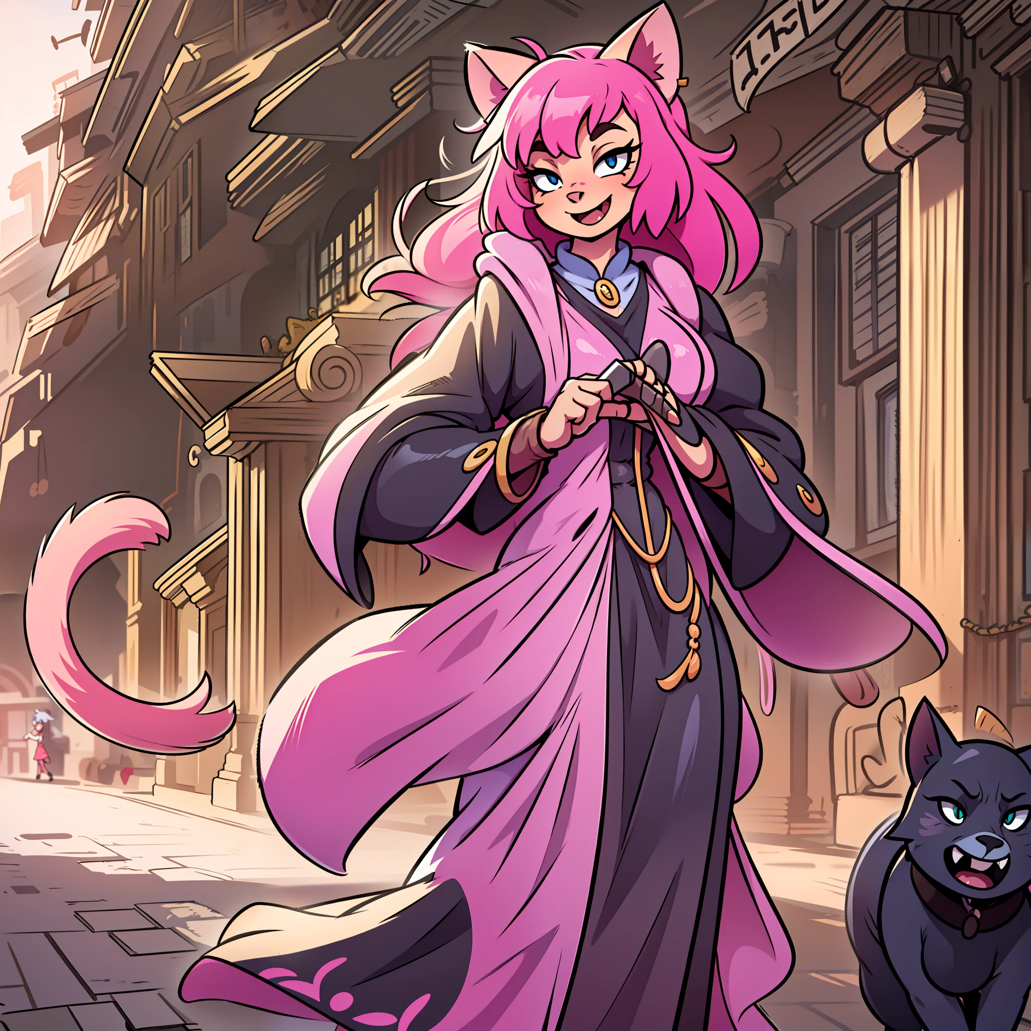 catgirl, Peludo, tom, cartom, cabelo rosa, andando,, cauda de leão, orelhas de gato, nariz de animal, casaco, vest, Sorriso, vestido longo, manto longo, saia longa, sacerdotisa, religioso