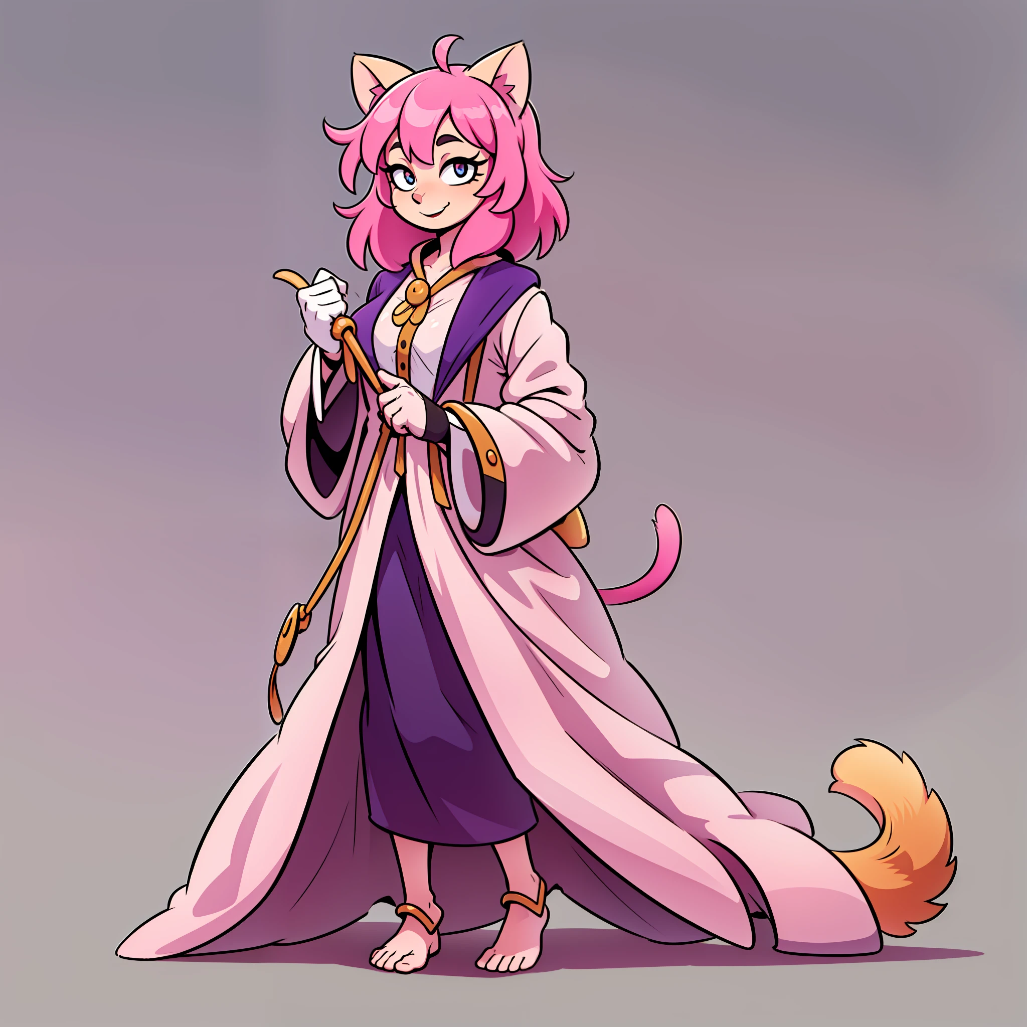 catgirl, furry, toon, cartoon, pink hair, walking,, lion tail, cat ears, animal nose, coat, vest, smile, long dress, long robe, long skirt, priestess, religiouse