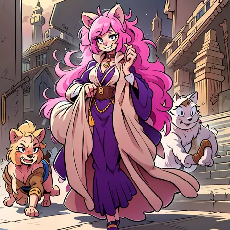 catgirl, furry, toon, cartoon, pink hair, walking,, lion tail, cat ears, animal nose, coat, vest, smile, long dress, long robe, ...