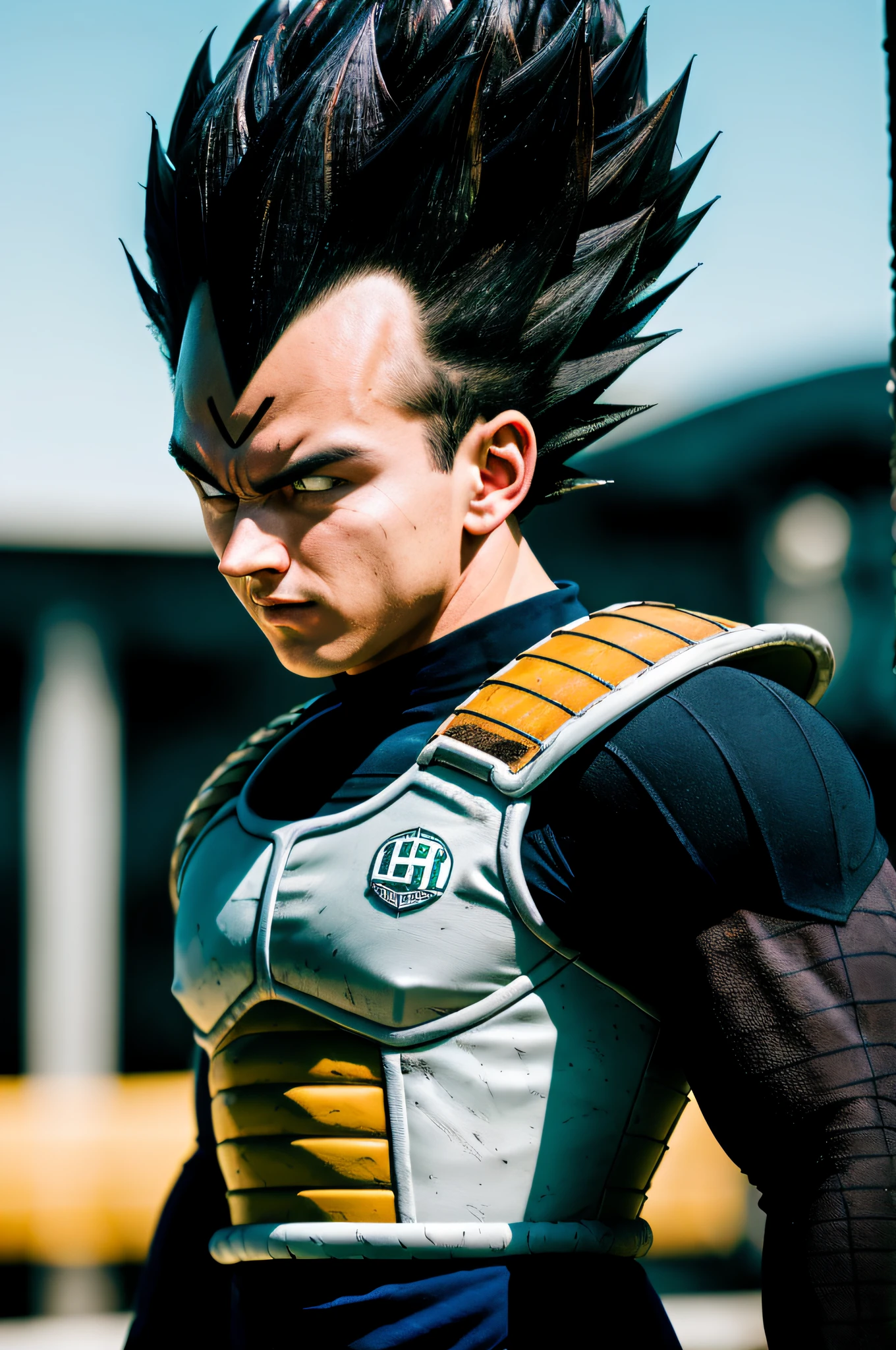 (high detailed skin:1.2), serious, looking at viewer, black spiked hair, black eyes, armor, white gloves, RAW photo,  vegeta, 1boy,  small details, photorealistic, ultra-realistic photo, 8k uhd, dslr, soft lighting, high quality, film grain, ((masterpiece)), 8k, HDR, highly detailed, professional