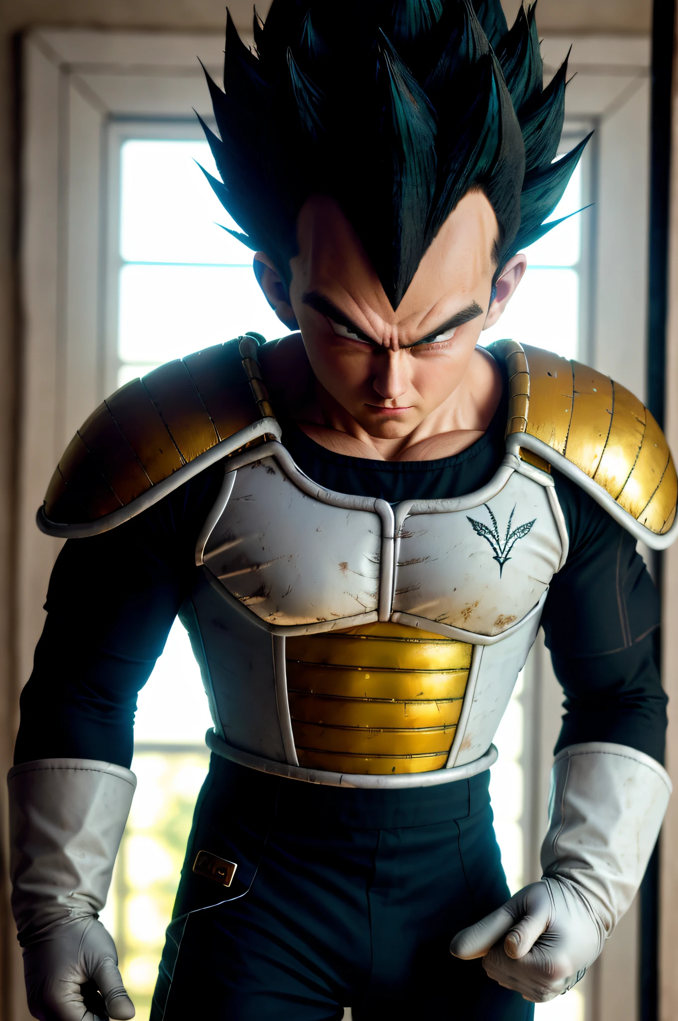 (high detailed skin:1.2), serious, looking at viewer, black spiked hair, black eyes, armor, white gloves, RAW photo,  vegeta, 1boy,  small details, photorealistic, ultra-realistic photo, 8k uhd, dslr, soft lighting, high quality, film grain, ((masterpiece)), 8k, HDR, highly detailed, professional