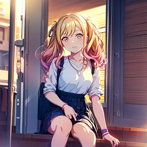 Anime girl sitting on steps with backpack and backpack, Anime visuals of cute girls, beautiful anime high school girl, Smooth Anime CG Art, anime moe art style, visual novel key visual, anime style 4 k, Anime Best Girl, visual novel cg, young anime girl, 4...
