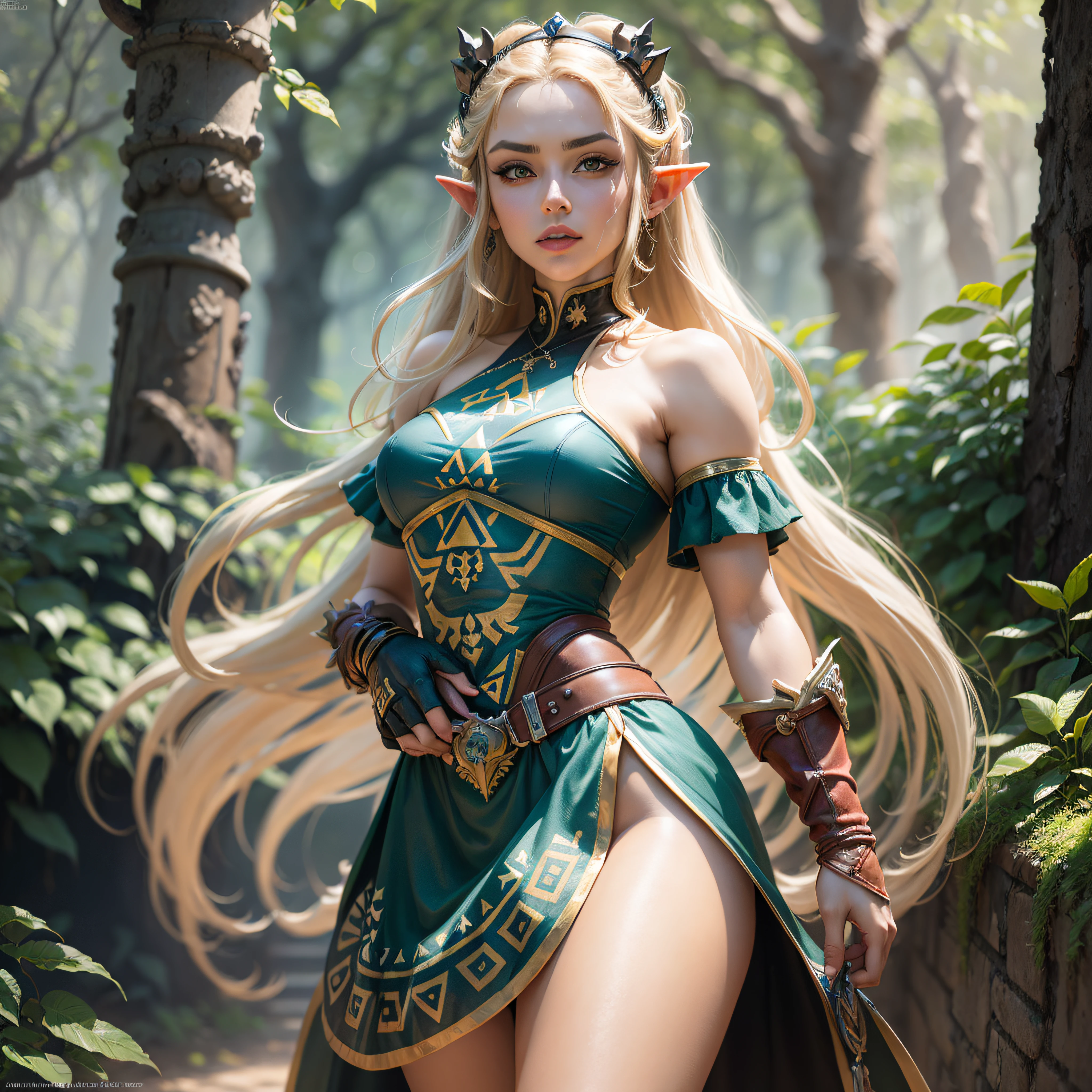 Mujer rubia con atuendo azul y beige sosteniendo poses de combate como en Street Fighter, Zelda, Retrato de Zelda, de lenda de Zelda, Enlace de la leyenda de Zelda, enlace de Zelda, fotos de cosplay, cosplay ornamentado, cosplay profissional, cosplay, cosplay Completo, Artgerm Moody Fotografia, Princesa Zelda, Zelda como Trifuerza, Hyrule, Anime Garota cosplay, trazado de rayos, renderizado 3D, extremadamente detallado, alta calidad, Luz e sombra realistas, pelo negro, reflejo de los ojos, sonrisa ligera, trazado de rayos, trazado de rayos, alto detalle, realismo, hiper-realismo, Profundidad de campo, iluminación cinematográfica, Desenfoque de movimiento, brillar, luz brillante, rayos de dios, trazado de rayos, luz reflejada, imagen remanente, múltiples vistas, Destello de lente, bokeh, 4k, uhd, parte maestra, anatómicamente correcto, piel texturizada, Súper detalle, alta calidad, Mejor calidad, 8k