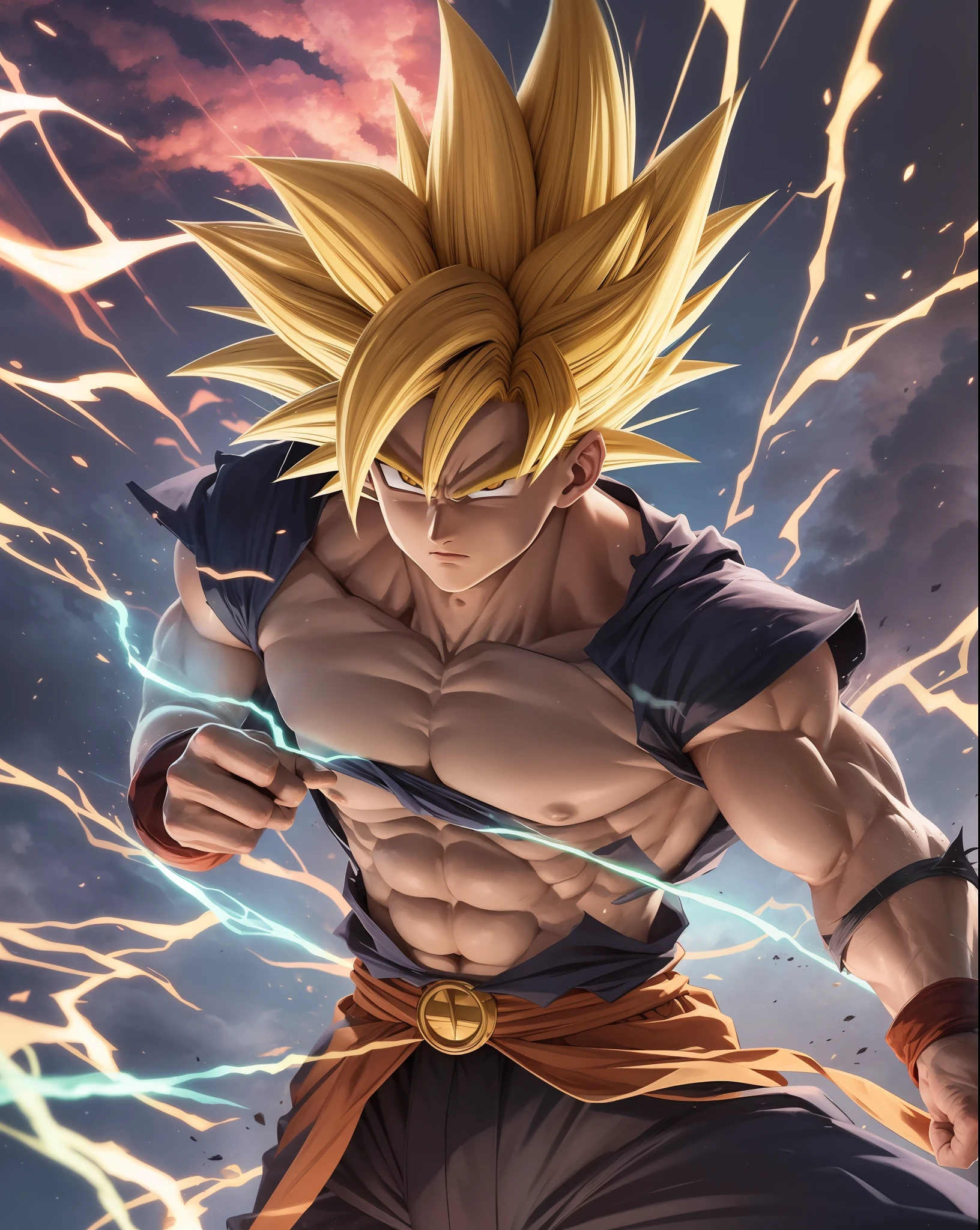 Goku super Sayajin 4, red coat, rabo, energy leaving the body, hair flying with energy rays, fire hair, Amazing image, anime styling