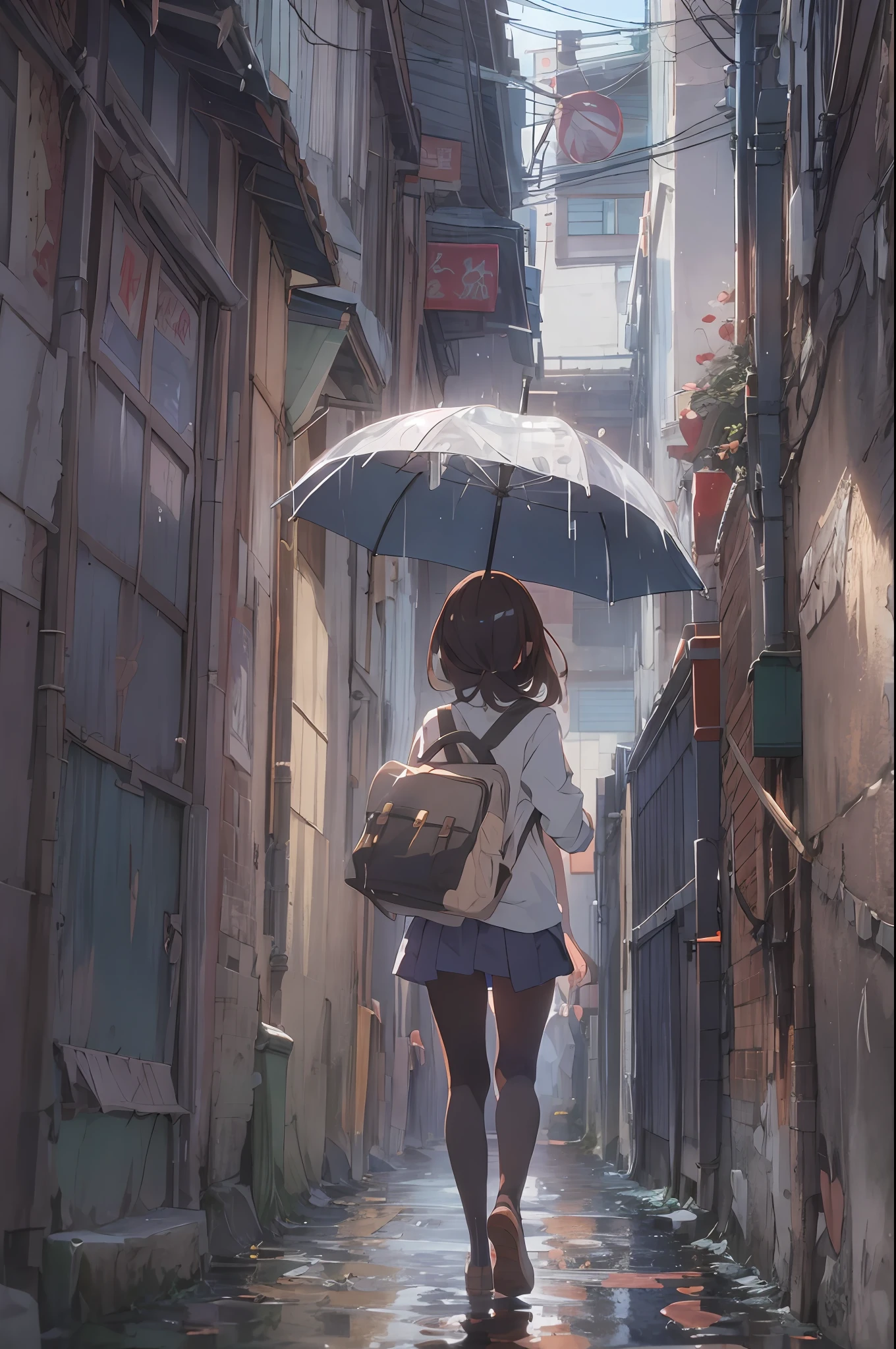 anime girl walking down a narrow alley with a schoolback,way to school, Anime-style girl, top-quality、​masterpiece、Brown hair、ultra long shot, Raining and Puddles, have an umbrella, Walking backwards