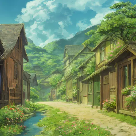 animesque、landscapes、studio ghibli、ghibli、scenery、style、art styles、stone structure、a city scape、overhead view