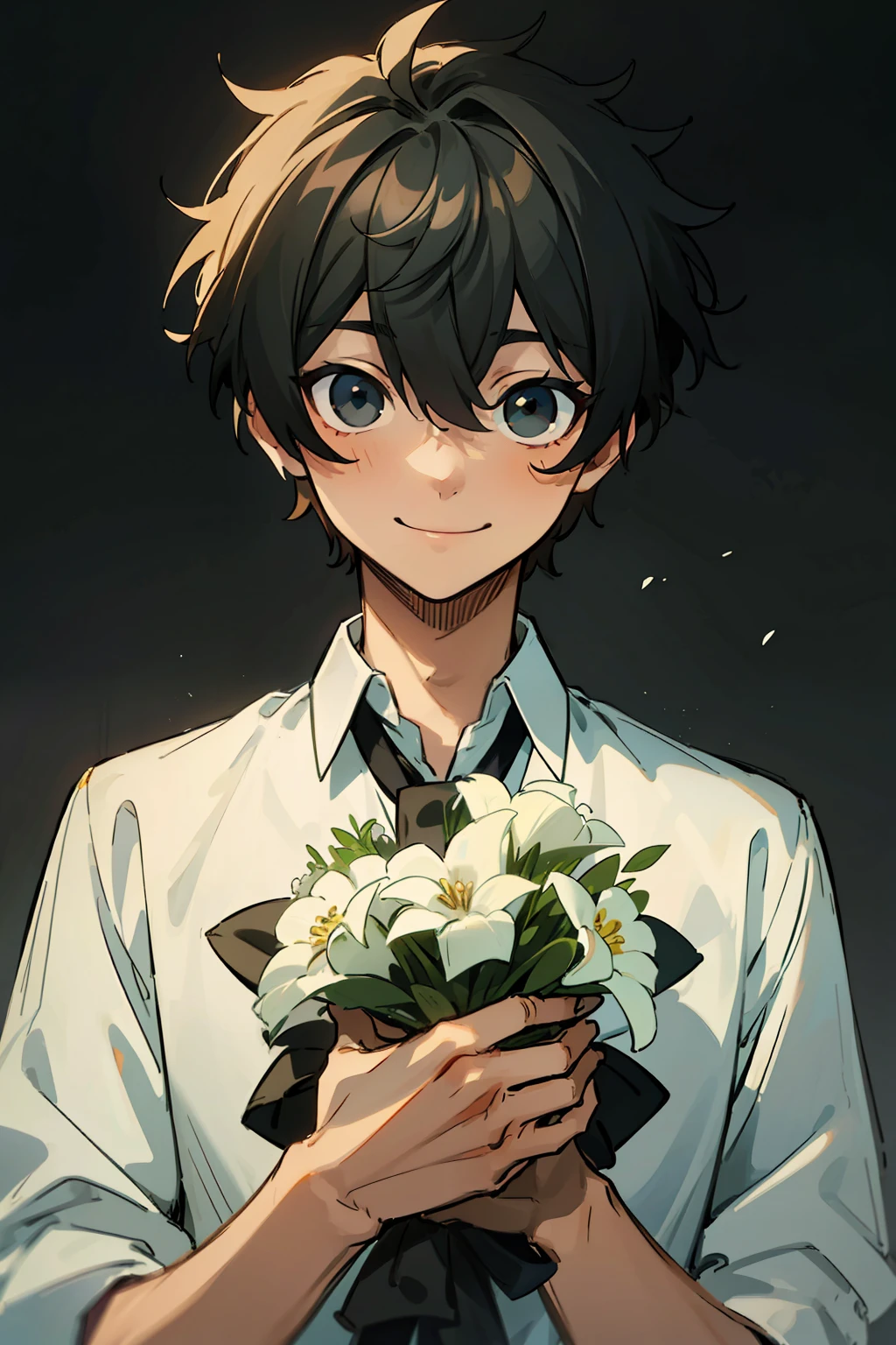 (high-quality, breathtaking),(expressive eyes, perfect face), 1boy, male, solo, short, young boy, short black hair, black eyes, smile, white shirt, hold a bouquet