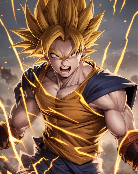 Goku super Sayajin 4, pelagem vermelha, rabo, energia saindo do corpo, cabelo voando com raios de energia, cabelo de fogo, Amazi...