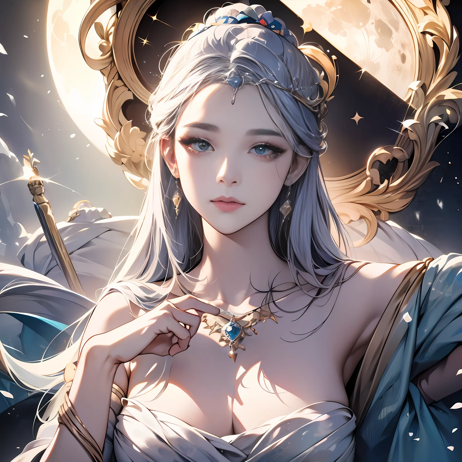 Портрет богини луны、точные глаза、Подробное лицо、серебро волос、карандашная живопись