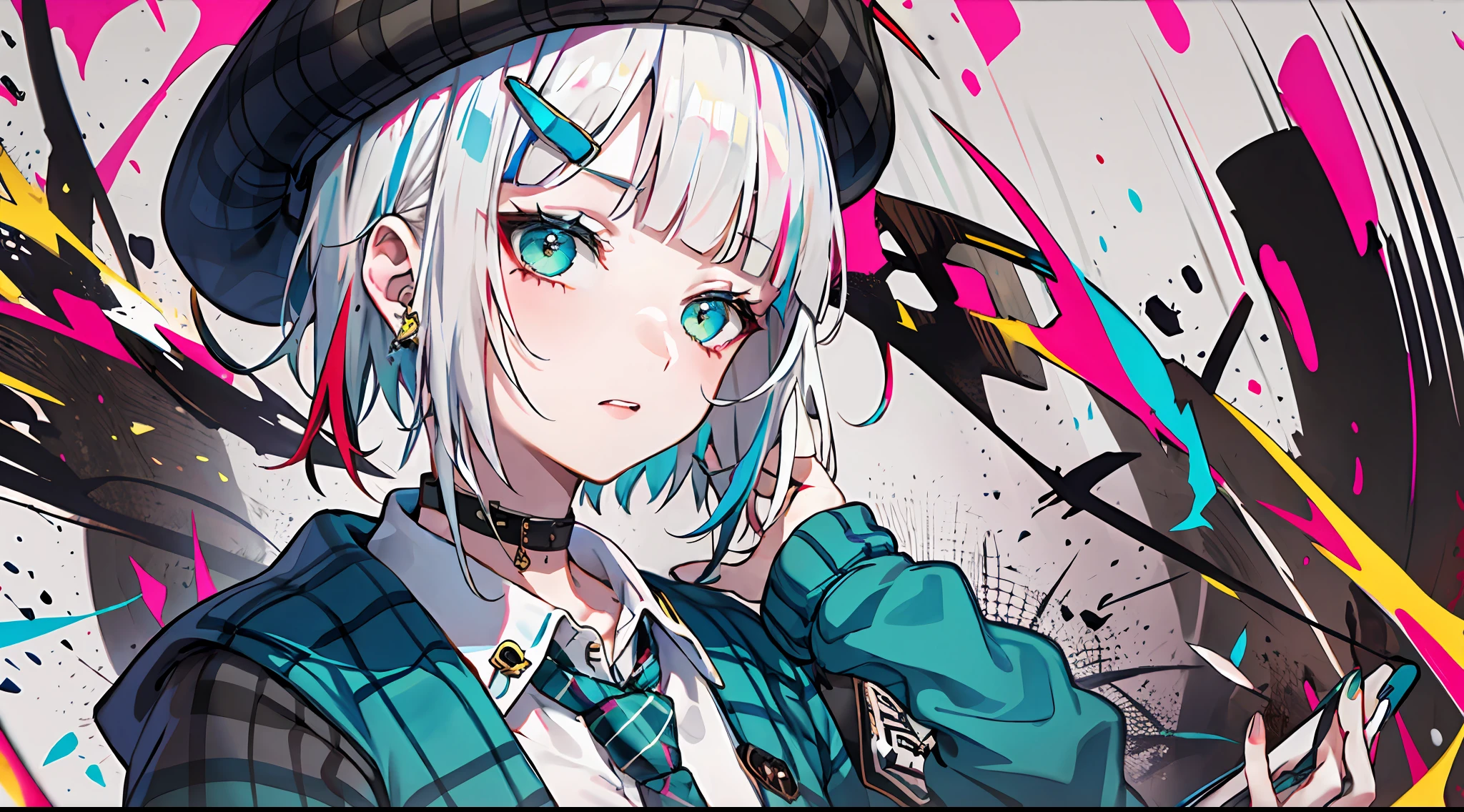 best quality, masterpiece, 1girl, solo,  red gradient streaked hair, short hair, white hair, lily (wacca), black beret, plaid skirt, choker, cyan sweater jacket, collared shirt, black plaid necktie, sleeves past fingers, blunt bangs