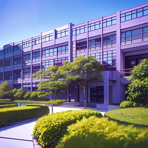 japanese anime campus，2022 style，there are flowers and trees in the surrounding area，there are four academic buildings in the ce...