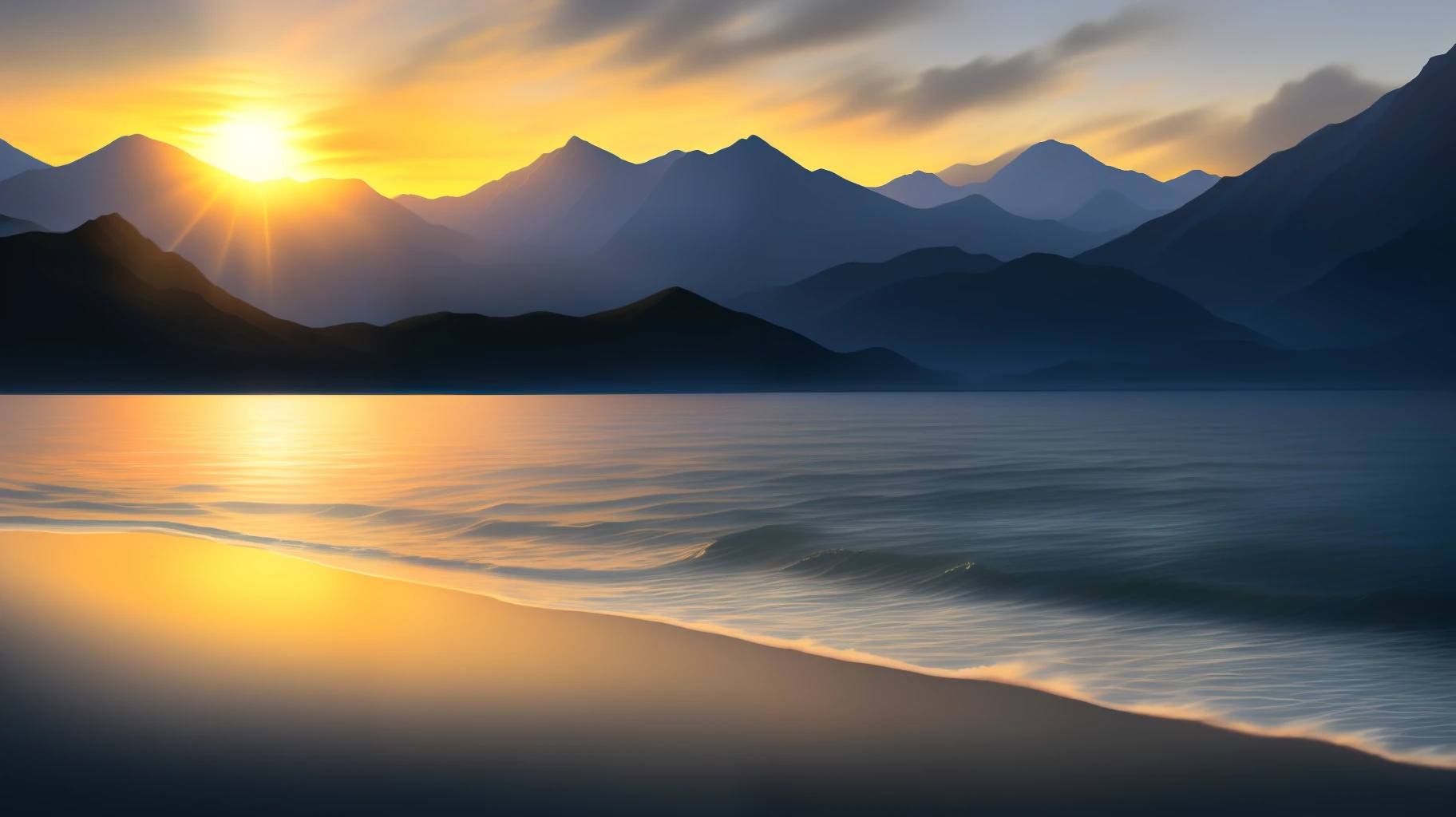 芸術的なスタイル, 太陽が二つの山の間に沈む, 太陽が海に反射する, 昼と夜,  ((傑作)), (((最高品質))), ((超詳細)), ((図)), ((現実的)), (反射), シャープなフォーカス, フロント照明, 強い影,