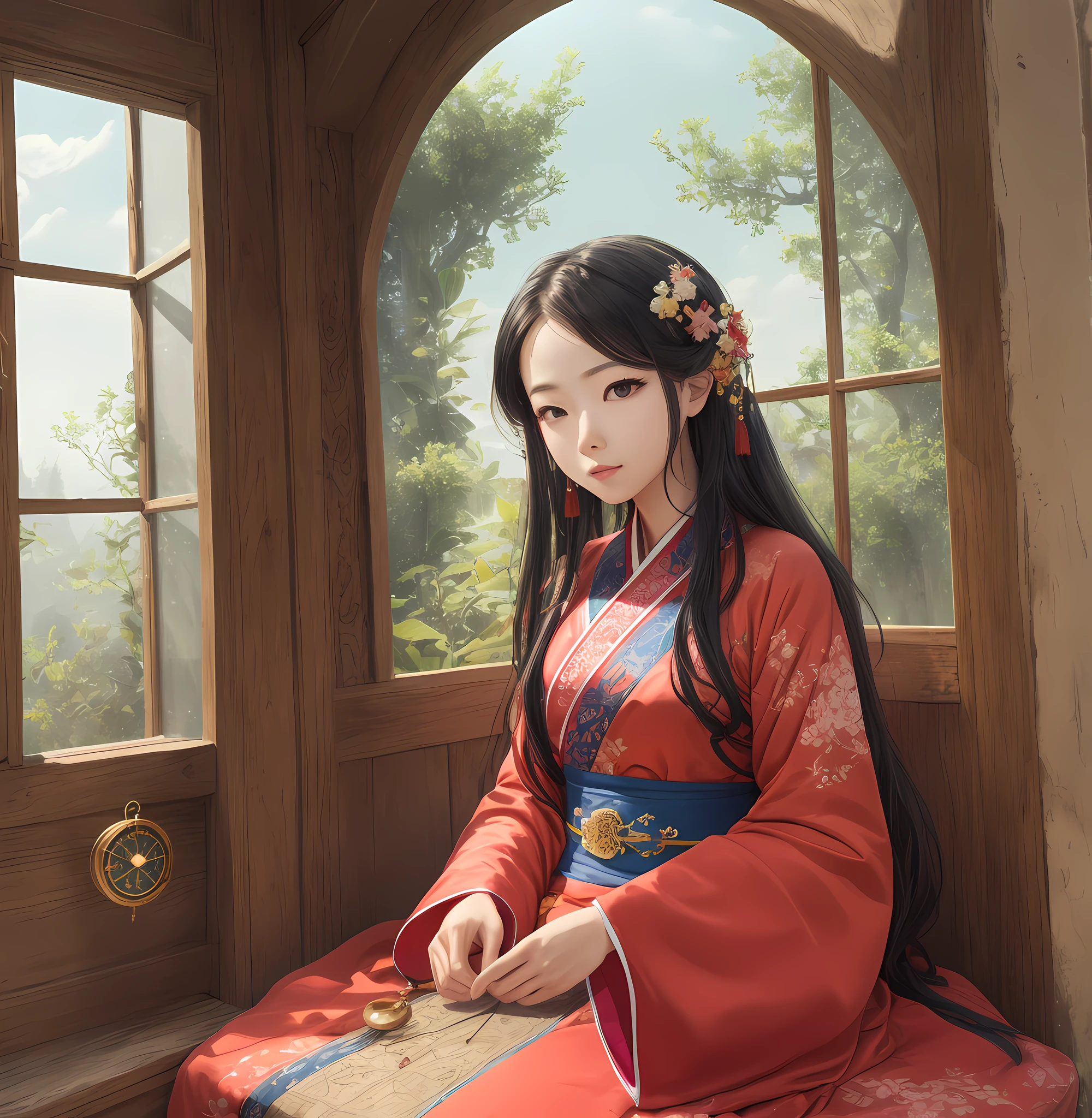 (Extremely detailed:1.3), (1girl in:1.2),Sitting, oud_Chinese_Indoors,(window:1.3),Indoors, (courtyard:1.3), tree,plant, (Tree outside the window々:1.2), Hanfu, Water,myst,Trees, Casting spells while suspended in mid-air, (a celestial compass guiding her path), Mystical and wondrous, BREAK Utilizing a wide-angle lens to capture the expansive sky, Adding a touch of lens flare,