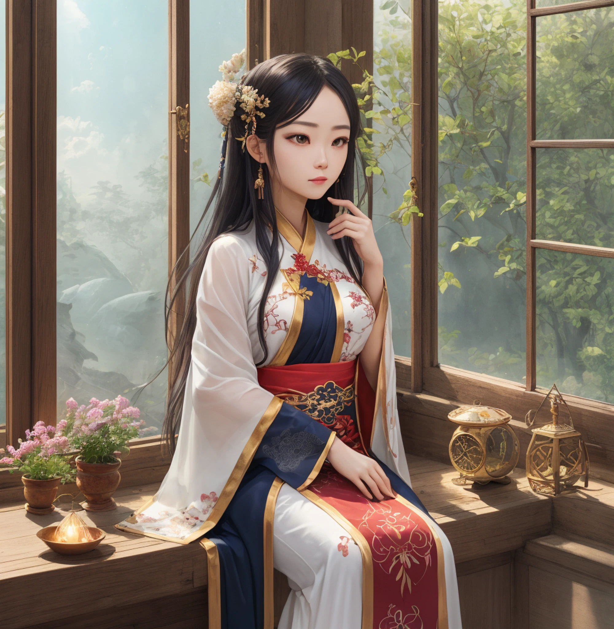 (Extremely detailed:1.3), (1girl in:1.2),Sitting, oud_Chinese_Indoors,(window:1.3),Indoors, (courtyard:1.3), tree,plant, (Tree outside the window々:1.2), Hanfu, Water,myst,Trees, Casting spells while suspended in mid-air, (a celestial compass guiding her path), Mystical and wondrous, BREAK Utilizing a wide-angle lens to capture the expansive sky, Adding a touch of lens flare,