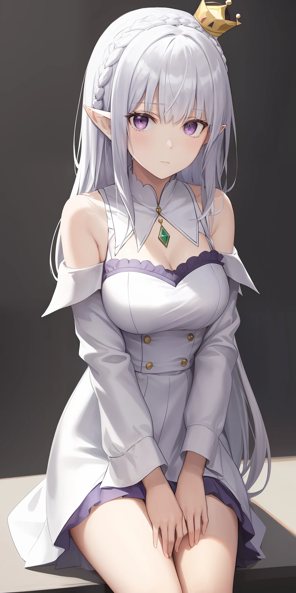 Best quality at best，highly  detailed，tmasterpiece，ultra - detailed，（fidelity：1.2），1个Giant Breast Girl，（white backgrounid），simple backgound，Elaborate Eyes，Silvery hair，a purple eye，hair_ornament，（white offshoulder shirt：1.3），Long hair，pointy ears，crown braid，face expressionless，hair straight，（++Sit Pose：1.2）