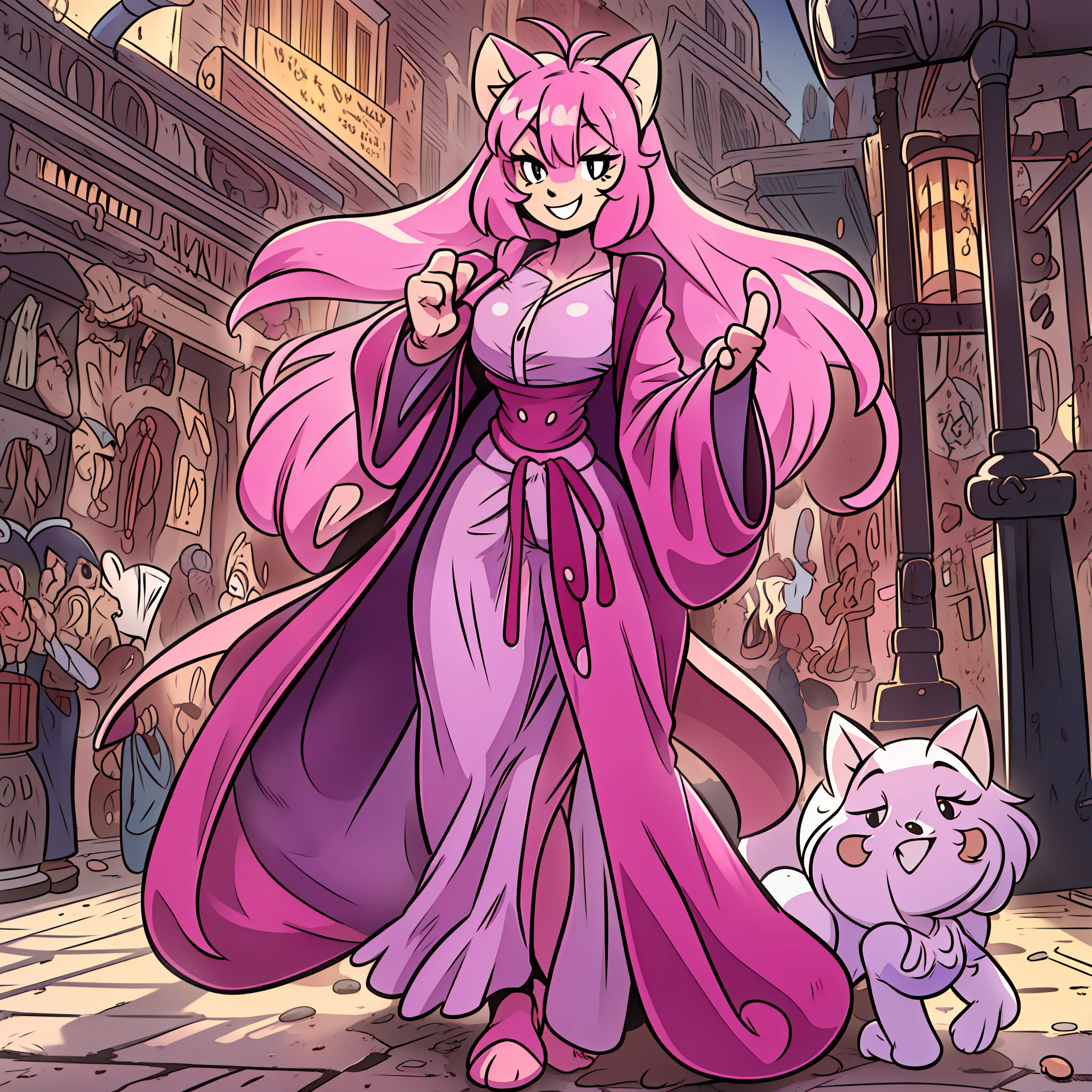 catgirl, furry, toon, cartoon, pink hair, walking,, lion tail, cat ears, animal nose, coat, vest, smile, long dress, long robe, long skirt, priestess, religiouse