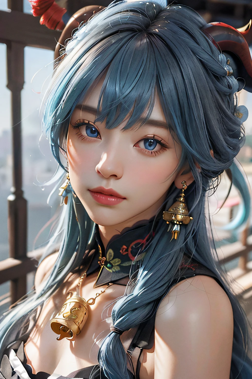 (photorealistic:1.4), (masterpiece, sidelighting, finely detailed beautiful eyes: 1.2), masterpiece*portrait, realistic, 3d face, ganyu \(genshin impact\), 1girl, ahoge, architecture, By bangs，Bare shoulders，Bell，black glove，（Black tights，lightblue hair，Red horns），Blushlush，Beautiful breasts，Chinese knot，the sleeve，flower knot，long whitr hair，Look at the audience，middlebreast，Neckbells
