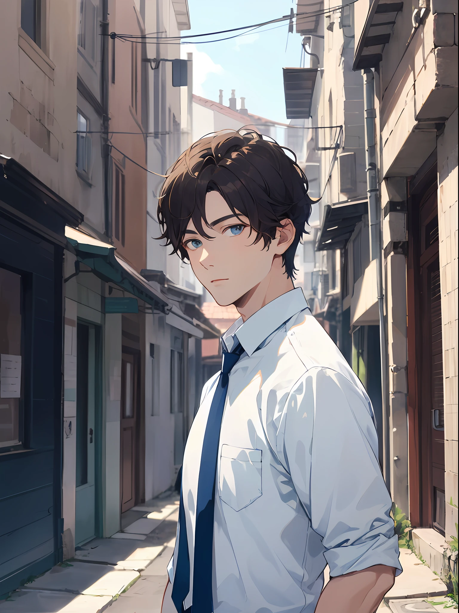 30 years old men,adult-like、tall、 Cool Mousse Brown Hair, White skin, Blue eyes, ((Navy blue shirt and white tie))、 A little condescending eyes、extremely high quality、Back alleys without people, High image quality, Extremely delicate drawing.