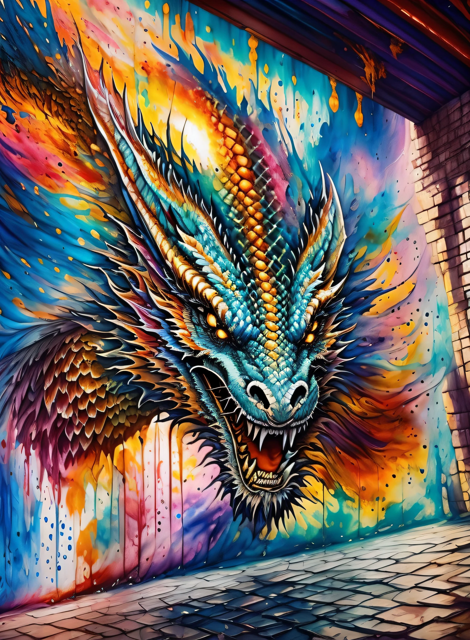 Liquify , Cinematic scene - filmed in the dark,(extremely detaild), oriental dragon high resolution mural painting,((walls of a castle)), colorful graffiti,(( Liquify)) and vivid, swirly vibrant colors, expressive brushstrokes, street art vibe.Liquify