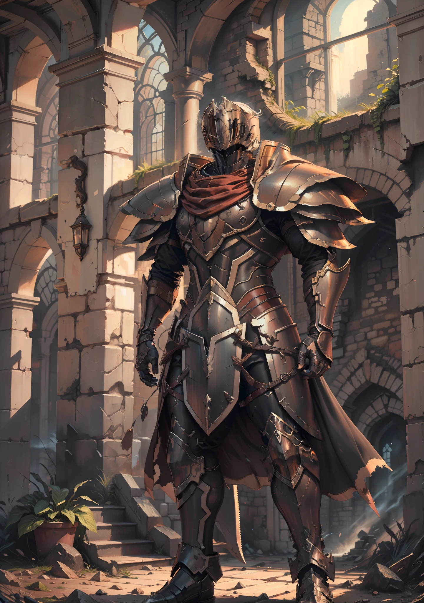 Best Quality, super detailed illustration, Rusty Knight, cracked armor, Rust, castle ruin, Heroic pose