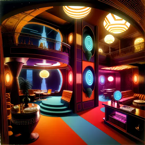 \1970RetroFuturism large penthouse with DJ Booth for rave party and whiskey bar