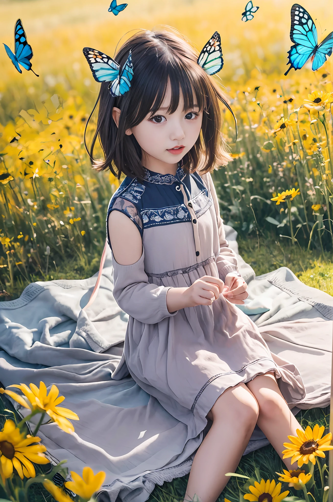 High Detail, Ultra Detail, 8K, Ultra High Resolution A cute and innocent girl, child, toddler, enjoying her time in the open field, surrounded by the beauty of nature, warm sun sprinkling on her, wildflowers gently swaying in the breeze. Butterflies and birds flutter around her, adding to the playful atmosphere,