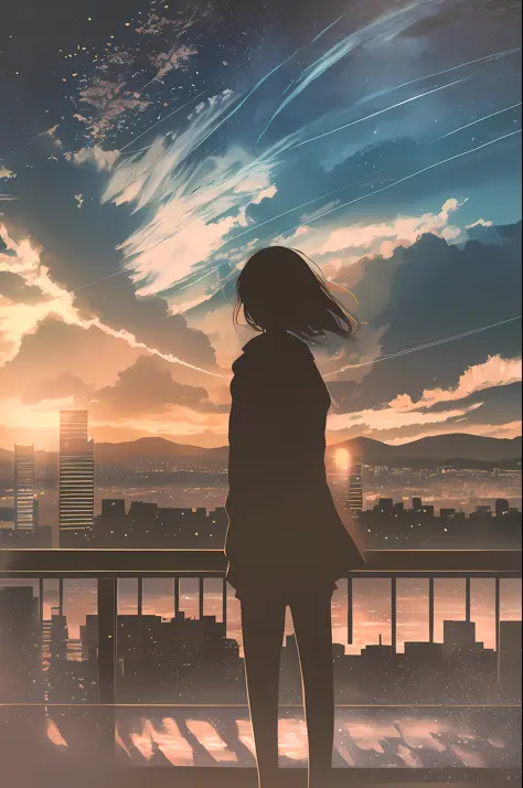 anime,silhouette,1girl, star (sky), cloud, cityscape, Barcelona from Park güell building, city, outdoors, skyscraper, city light...