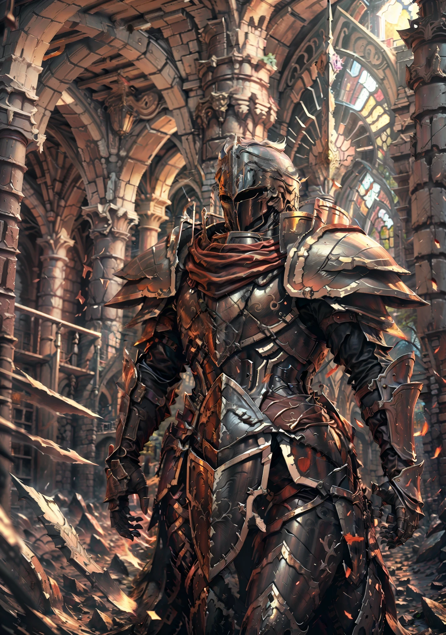 mejor calidad, ilustración súper detallada, óxidoy Knight, armadura agrietada, óxido, Ruinas del castillo, pose heroica