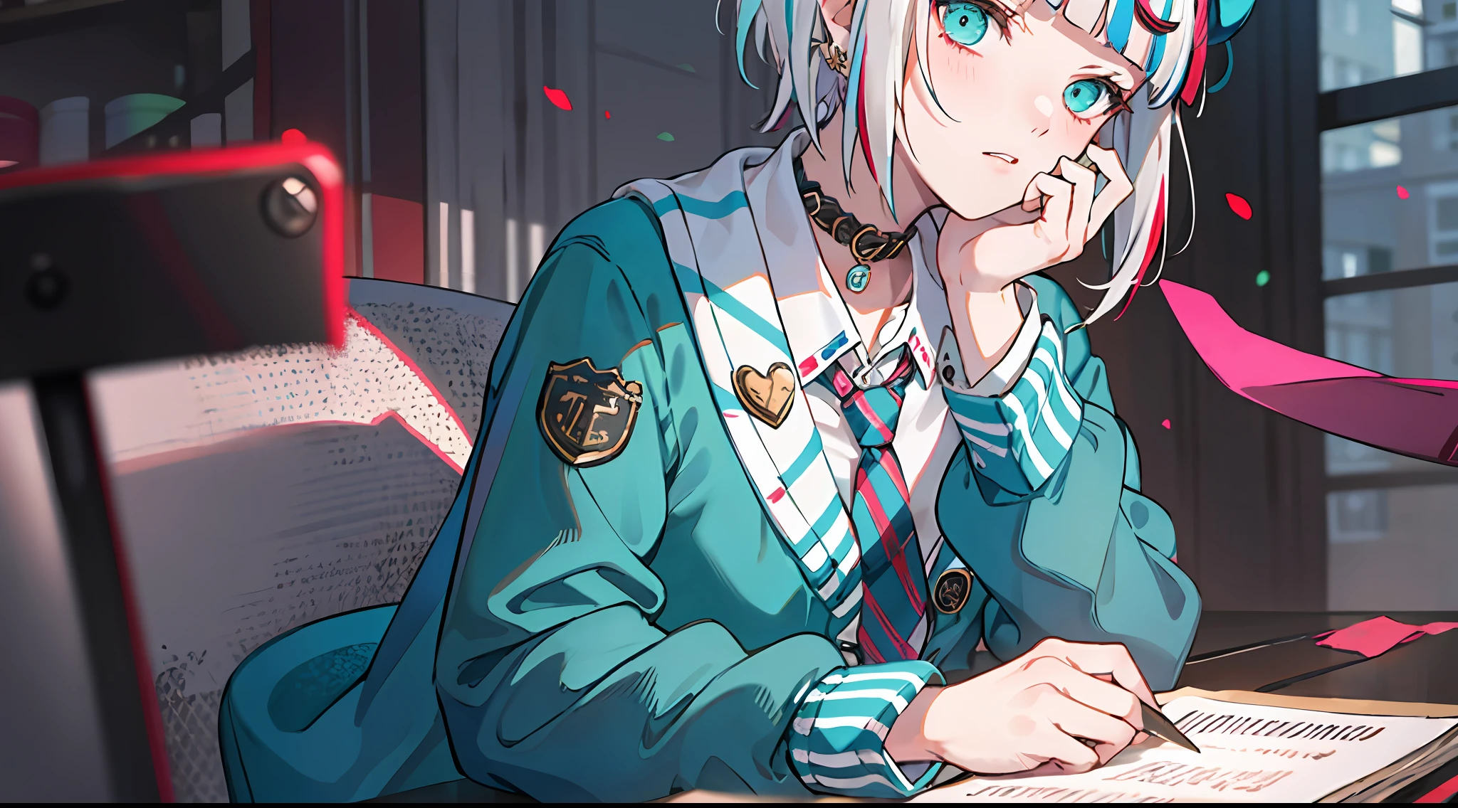 best quality, masterpiece, 1girl, solo,  red gradient streaked hair, short hair, white hair, lily (wacca), black beret, plaid skirt, choker, cyan sweater jacket, collared shirt, black plaid necktie, sleeves past fingers, blunt bangs