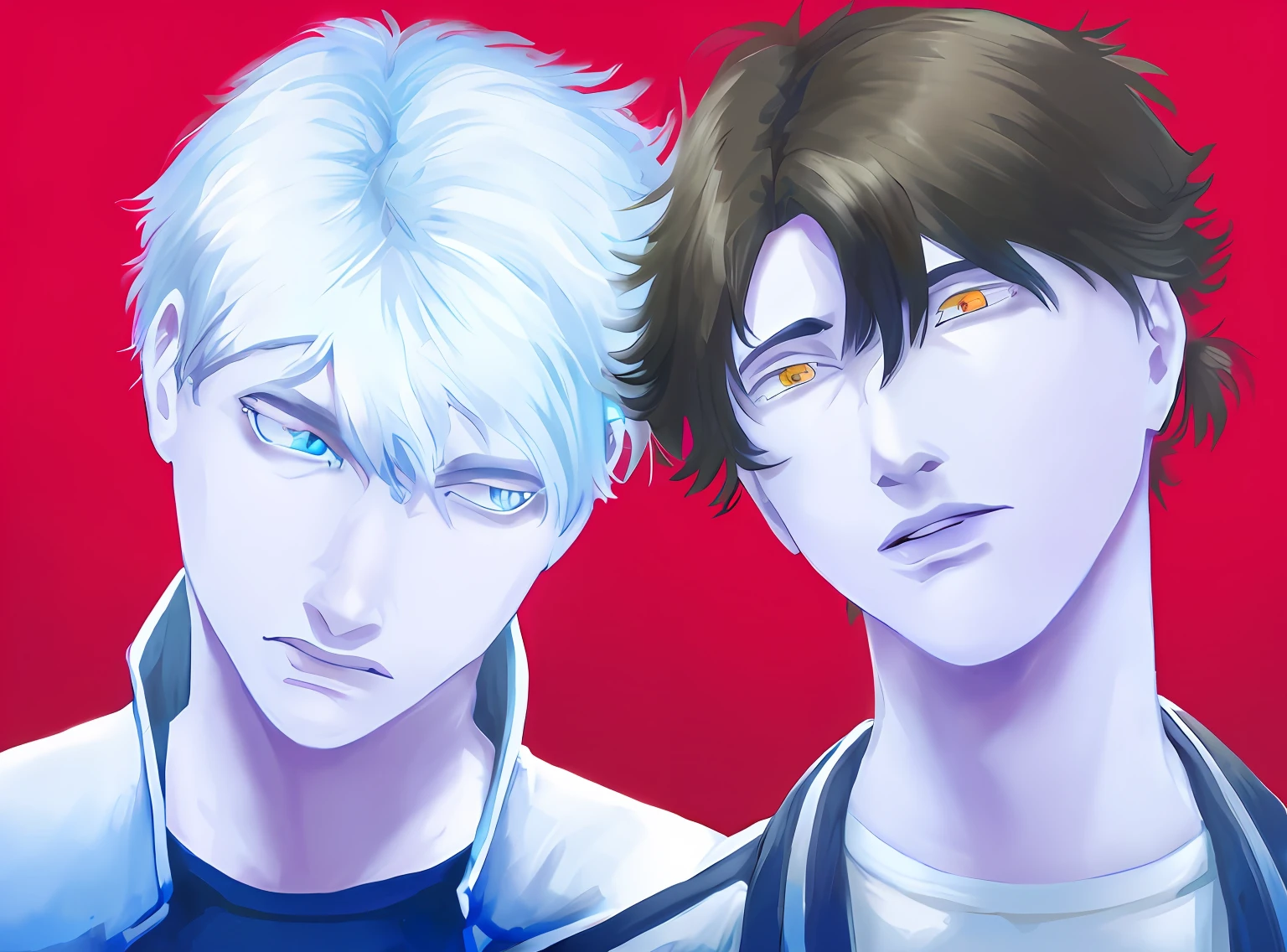 Chico de anime con cabello blanco y ojos azules y chico con cabello negro, semiestilo anime realista, Dos chicos de anime guapos, estilo de realismo anime, Fanart oficial, hecho con estudio de pintor anime, estilo anime realista, estilo anime épico, fanart de alta calidad, estilo de arte personal, retrato de estilo anime, estilo de arte realista --auto